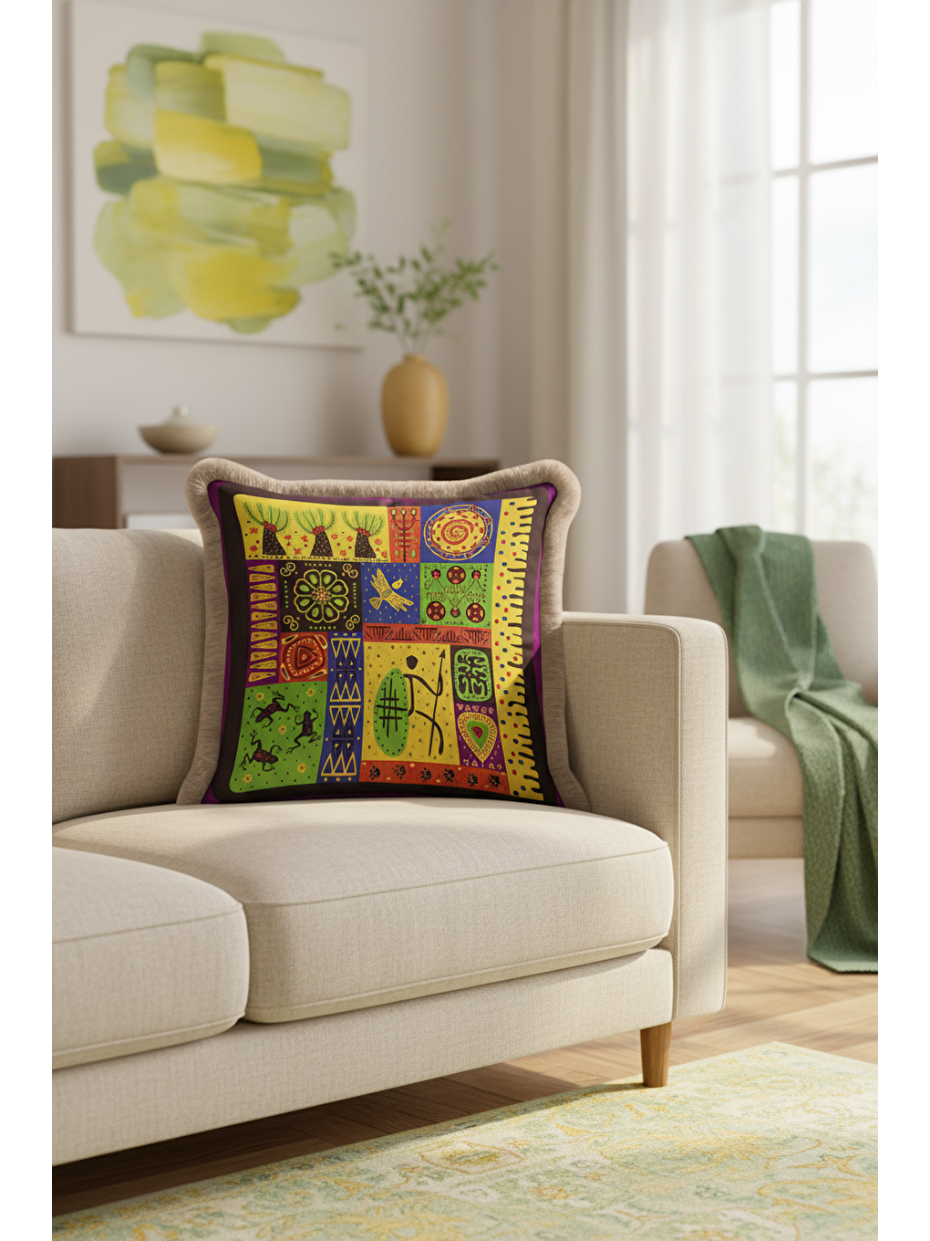 Karışık Etnik Renkli Mozaik Saçaklı Yastık Kılıfı - Bohem Afrika Figürlü Sarı Gri Püsküllü Kırlent Kılıfı-1