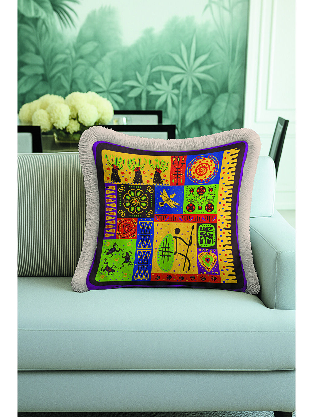Karışık Etnik Renkli Mozaik Saçaklı Yastık Kılıfı - Bohem Afrika Figürlü Sarı Gri Püsküllü Kırlent Kılıfı-2