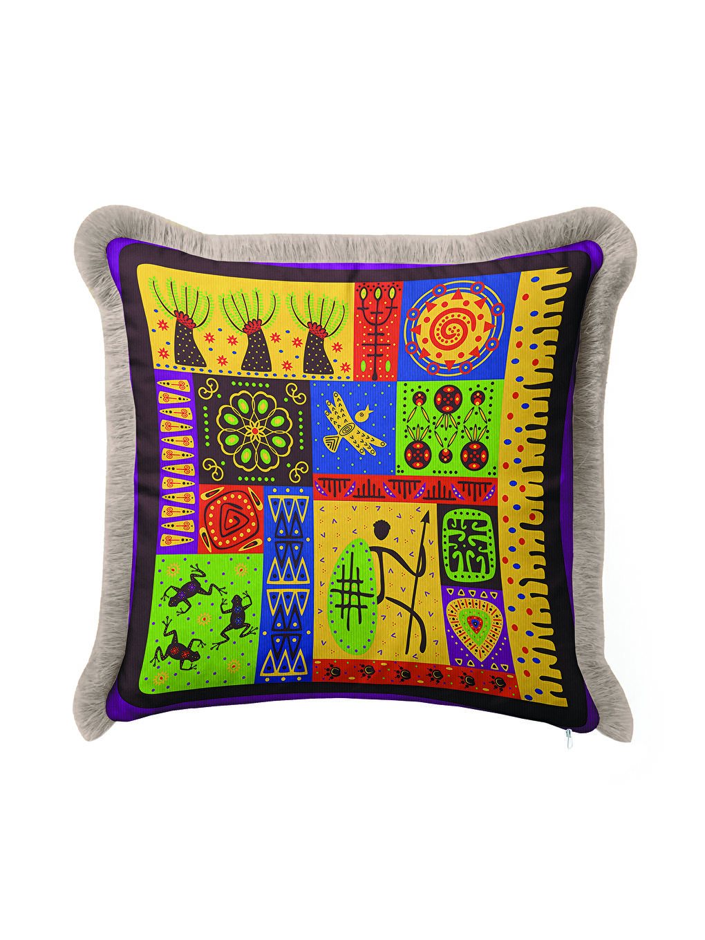 Karışık Etnik Renkli Mozaik Saçaklı Yastık Kılıfı - Bohem Afrika Figürlü Sarı Gri Püsküllü Kırlent Kılıfı-3