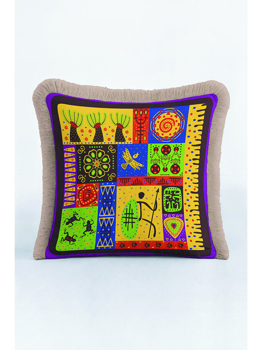Karışık Etnik Renkli Mozaik Saçaklı Yastık Kılıfı - Bohem Afrika Figürlü Sarı Gri Püsküllü Kırlent Kılıfı-4