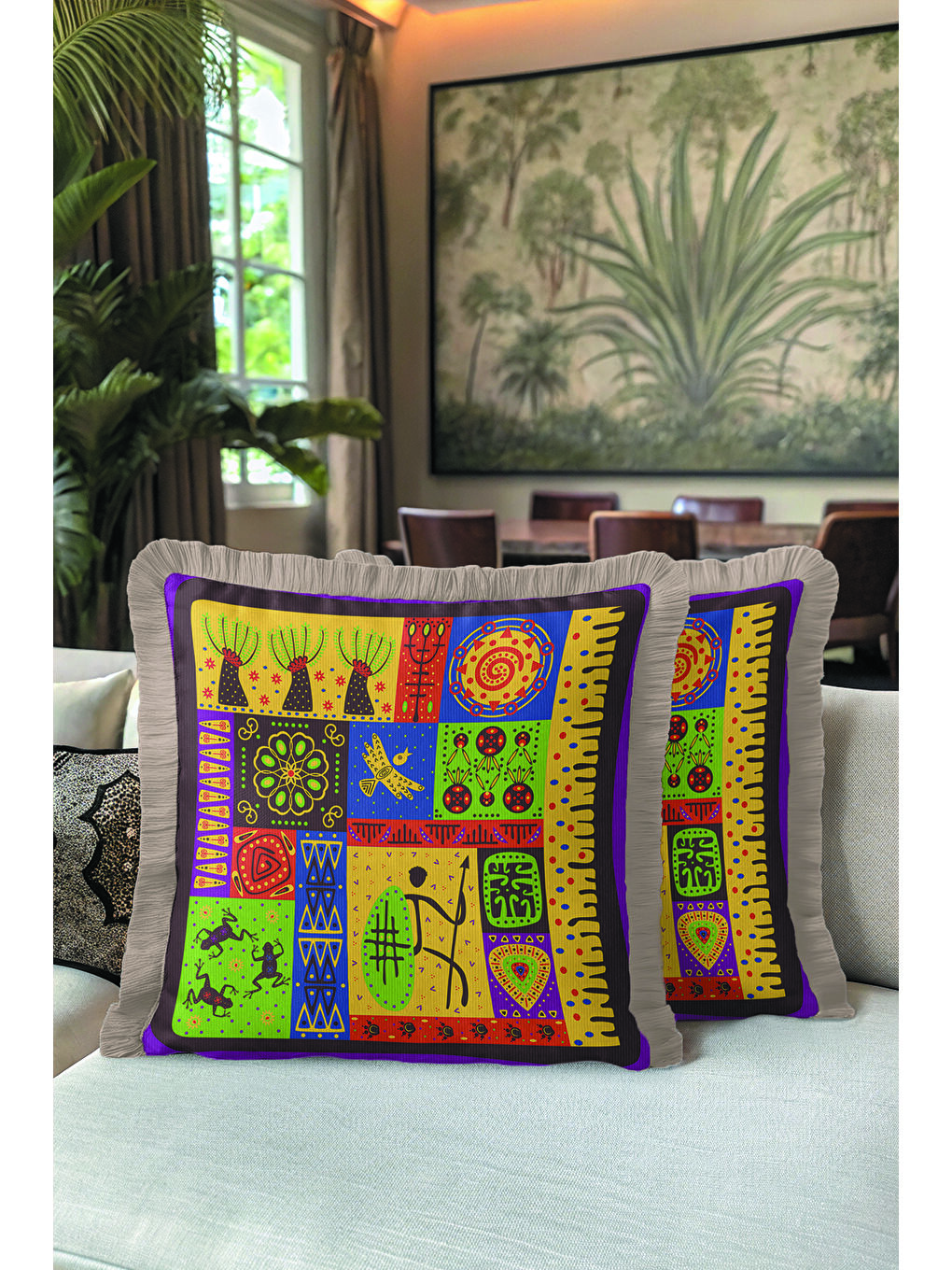 Karışık Etnik Renkli Mozaik Saçaklı Yastık Kılıfı - Bohem Afrika Figürlü Sarı Gri Püsküllü Kırlent Kılıfı-5