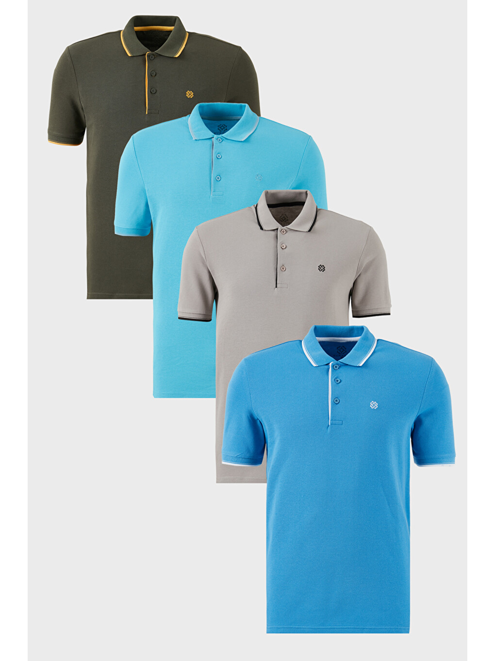 Gri Pamuklu Slim Fit Şerit Detaylı Düğmeli Polo Yaka 4'lü Paket T Shirt 5902118s4