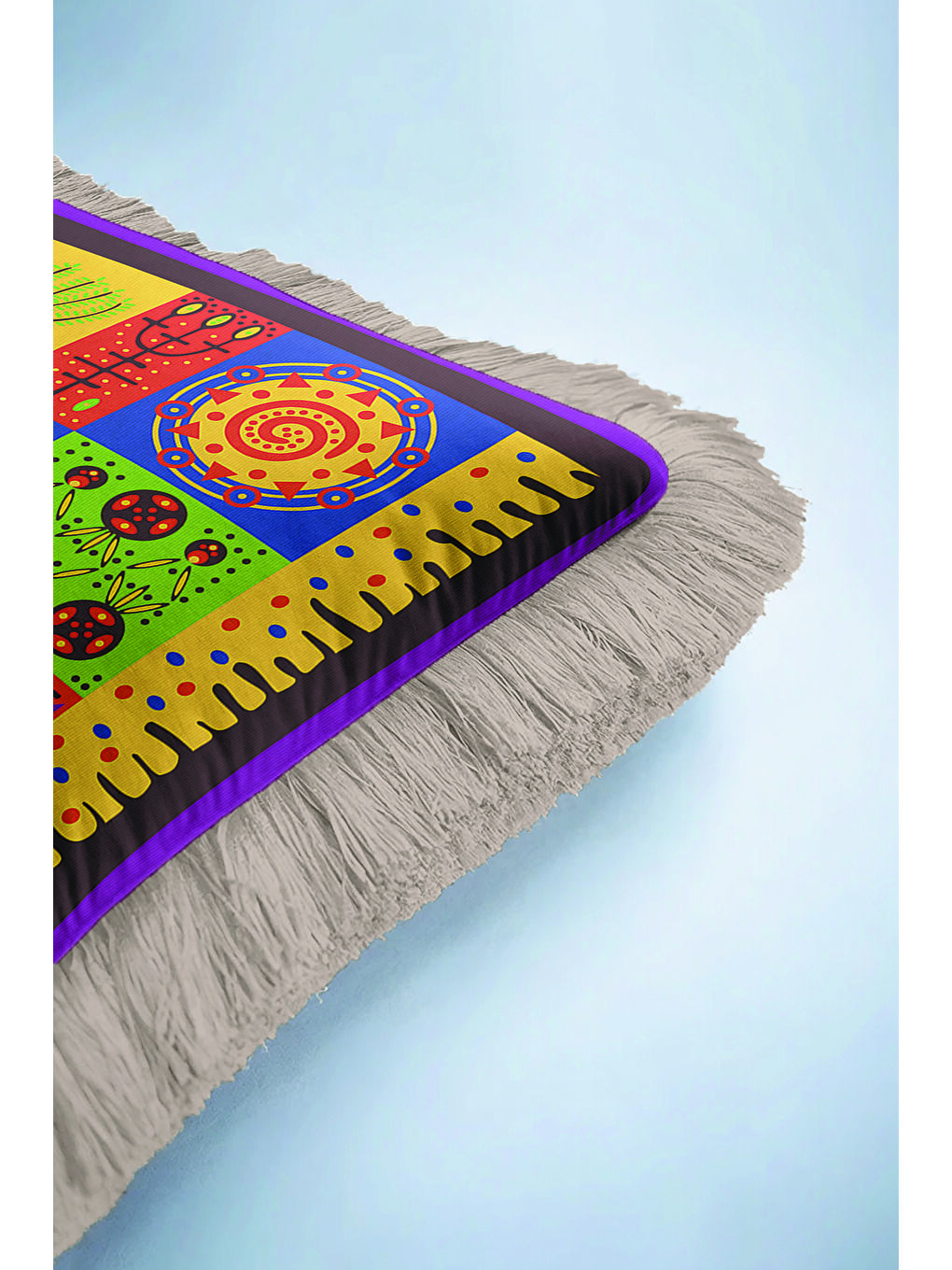 Karışık Etnik Renkli Mozaik Saçaklı Yastık Kılıfı - Bohem Afrika Figürlü Sarı Gri Püsküllü Kırlent Kılıfı-6