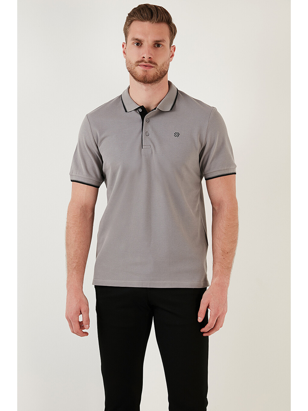 Gri Pamuklu Slim Fit Şerit Detaylı Düğmeli Polo Yaka 4'lü Paket T Shirt 5902118s4-3