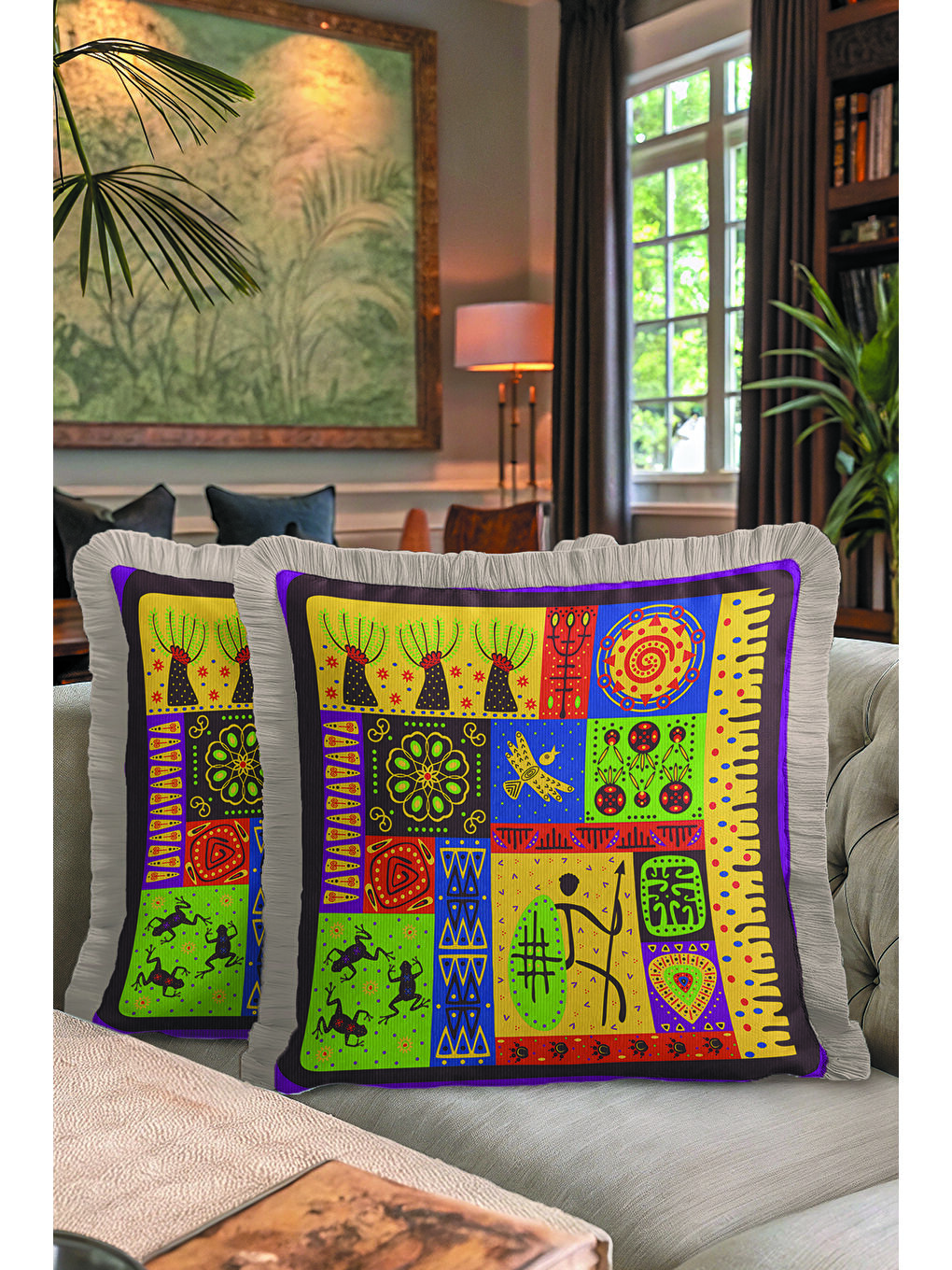 Karışık Etnik Renkli Mozaik Saçaklı Yastık Kılıfı - Bohem Afrika Figürlü Sarı Gri Püsküllü Kırlent Kılıfı-7