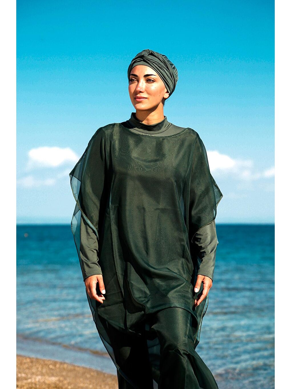 Marina Marina Haki Tesettür Mayo Üzerine Kaftan Kimono Pareo P2202