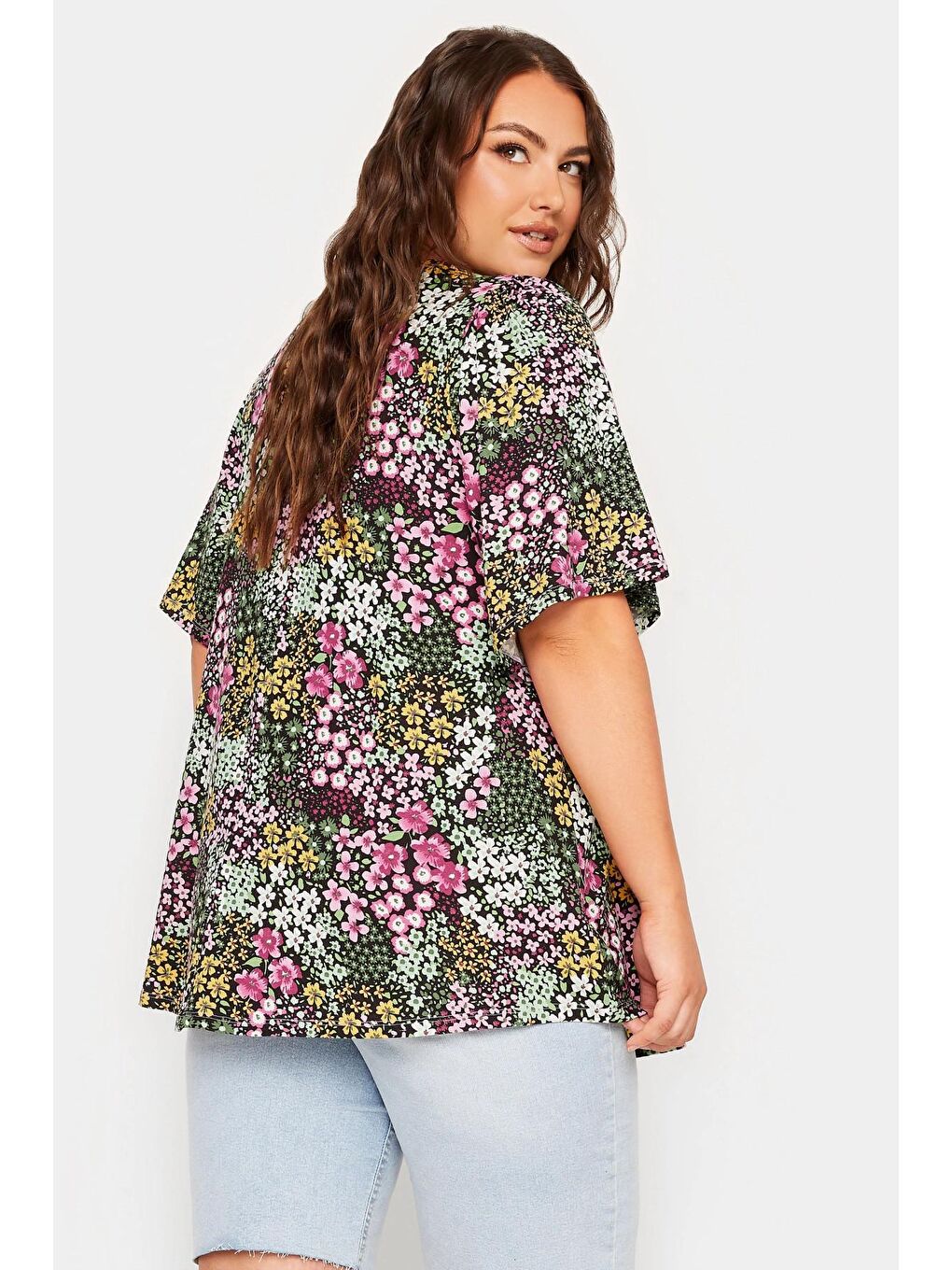 Siyah Büyük Beden V Yaka Desenli Asimetrik Kesim Elastanlı Bluz 302239-4