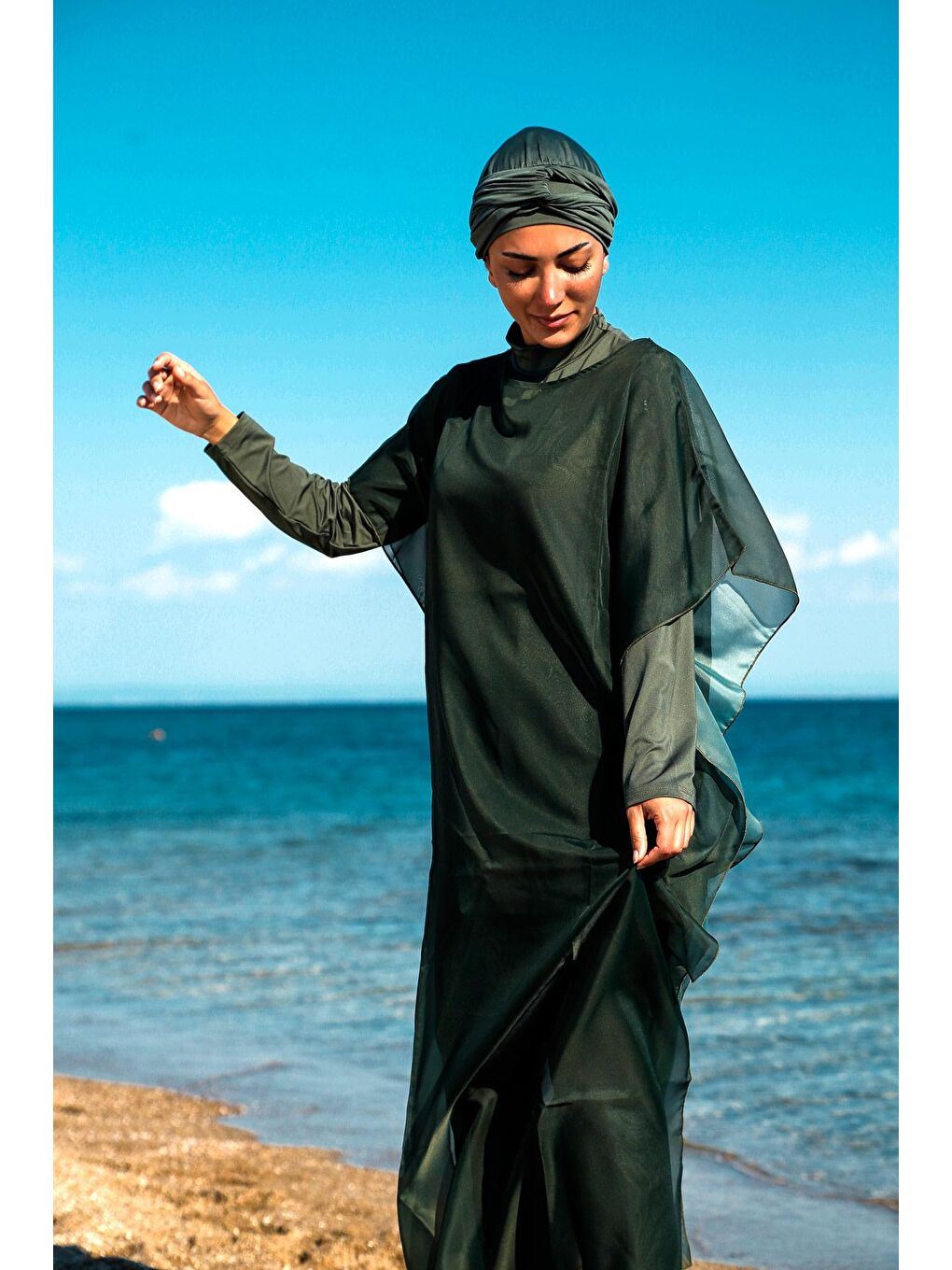 Marina Marina Haki Tesettür Mayo Üzerine Kaftan Kimono Pareo P2202-1