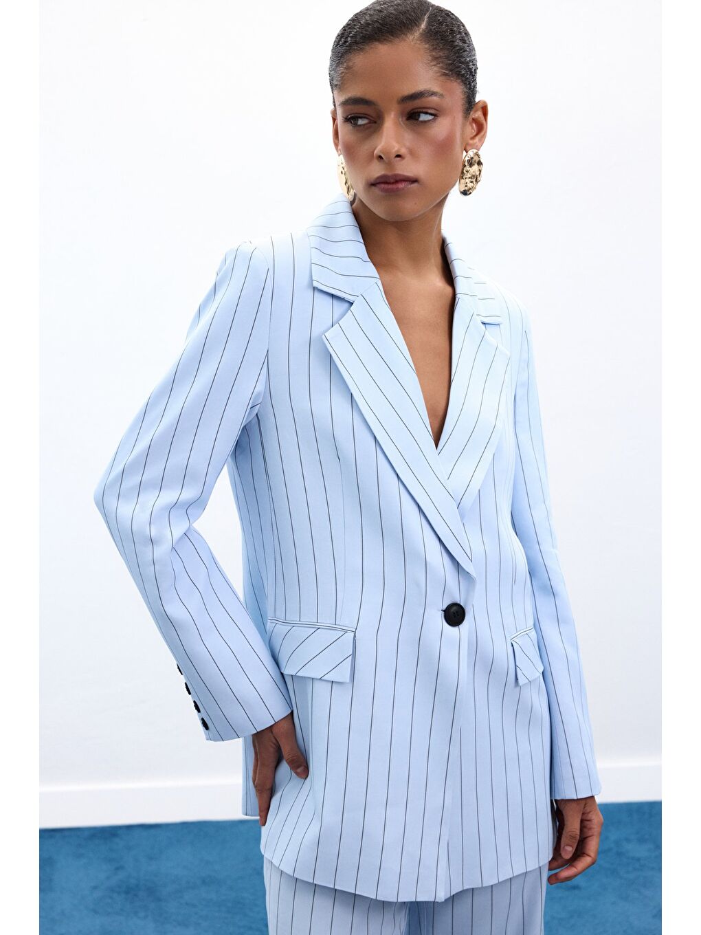 Rina Çizgili Ceket - Bebe Mavi-1
