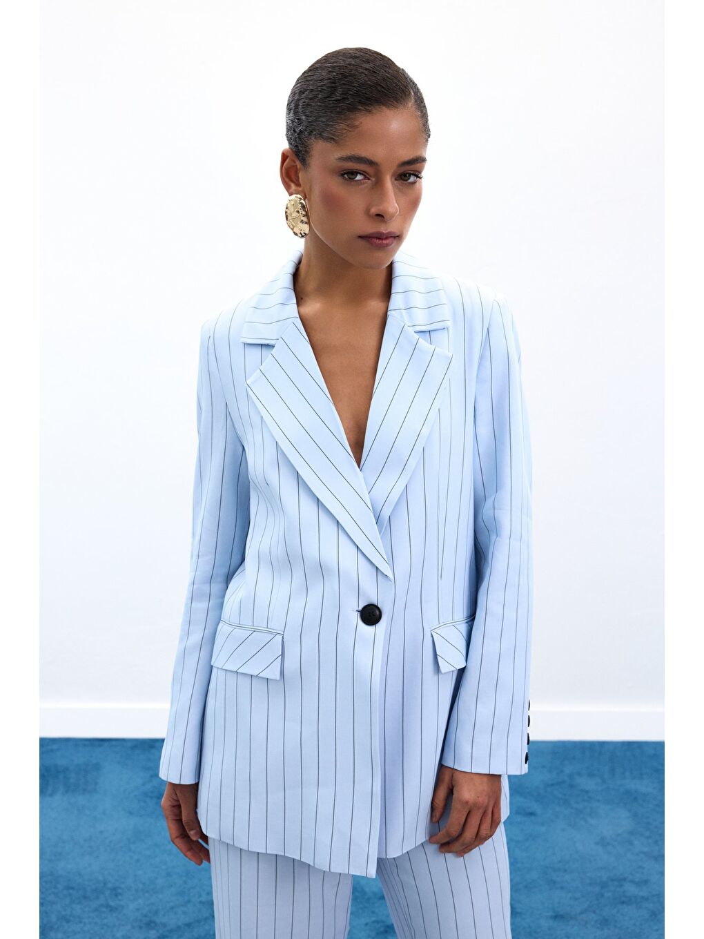 Rina Çizgili Ceket - Bebe Mavi-2