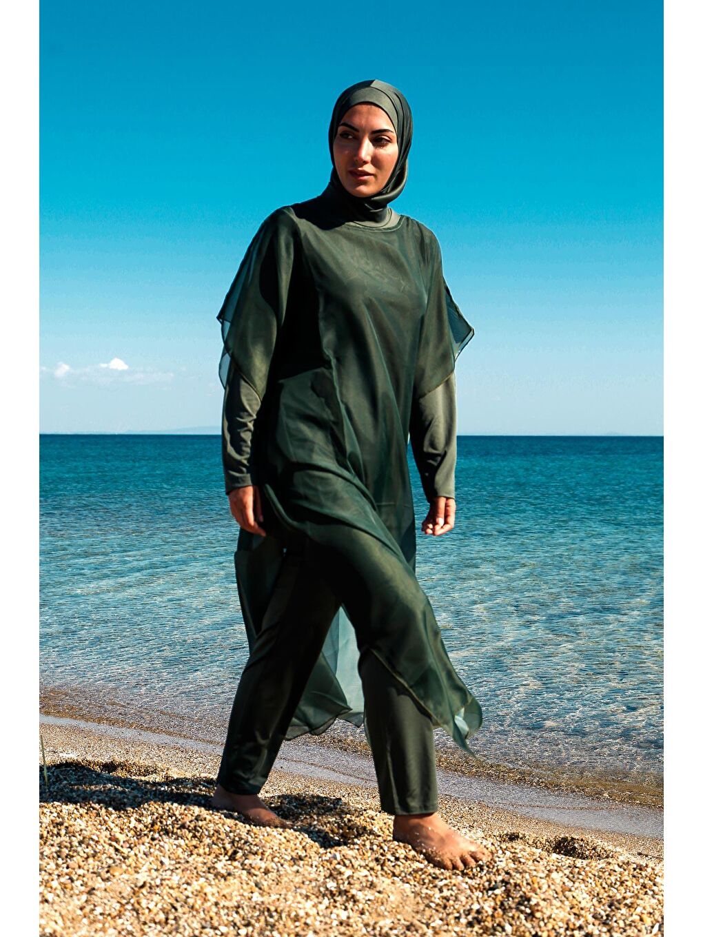 Marina Haki Tesettür Mayo Üzerine Kaftan Kimono Pareo P2202-2