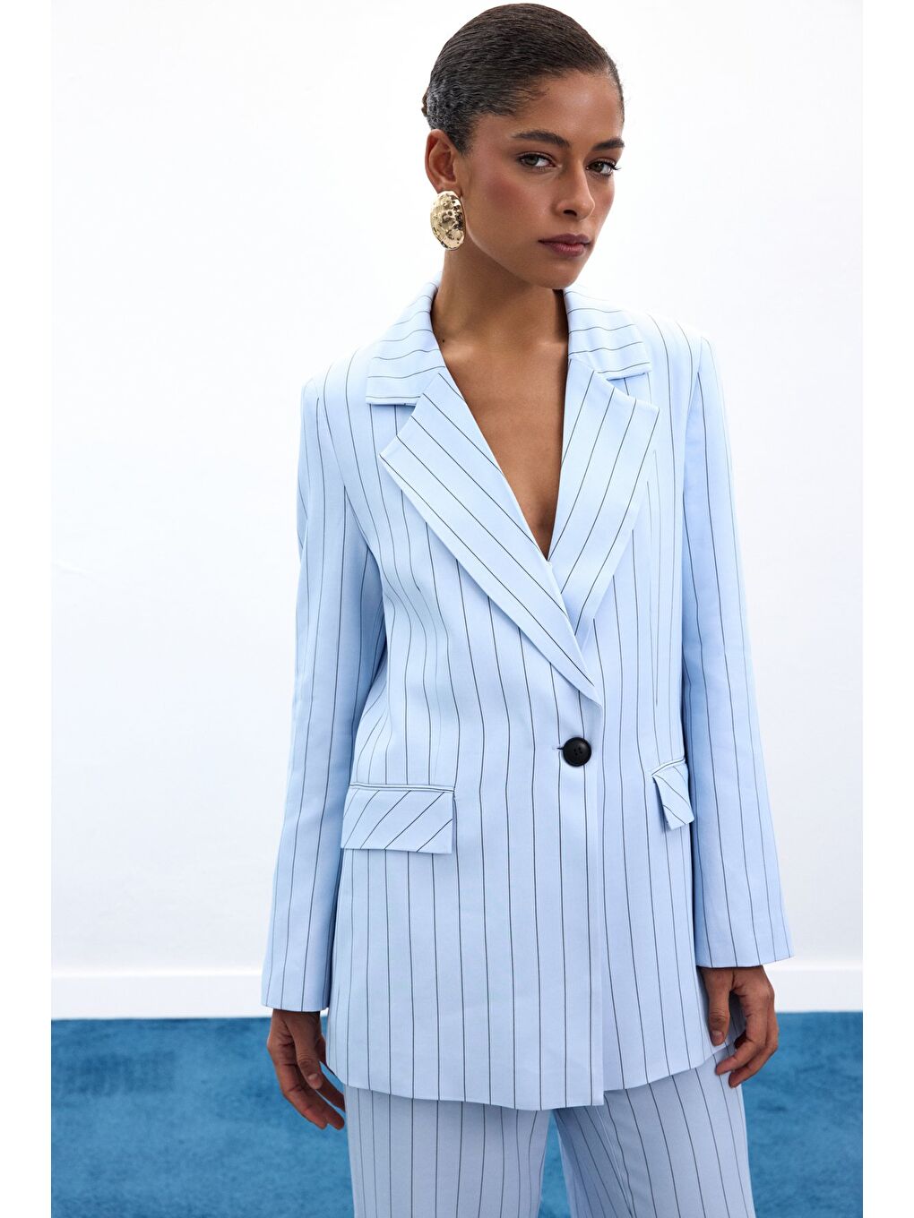 Rina Çizgili Ceket - Bebe Mavi-5