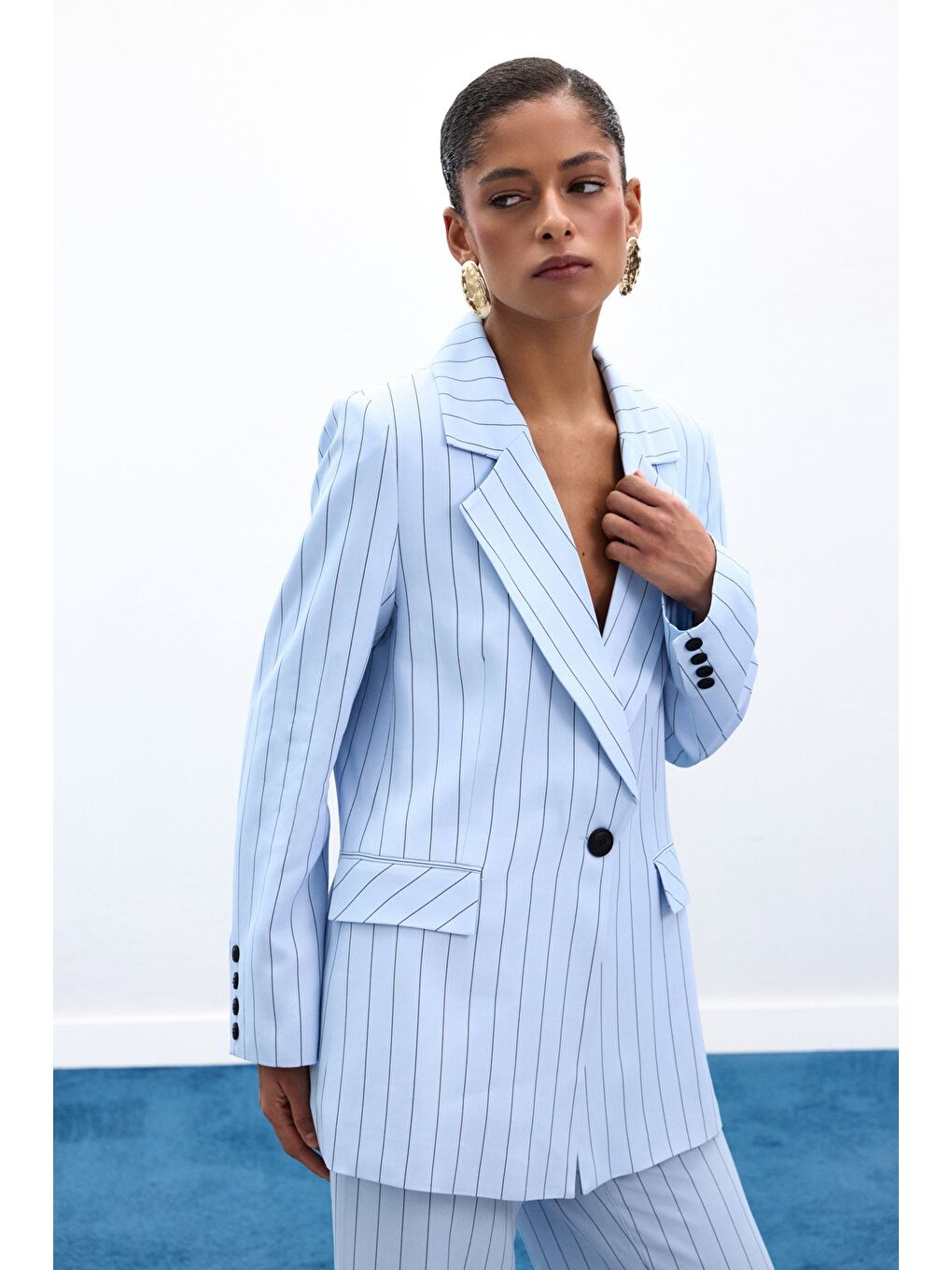 Rina Çizgili Ceket - Bebe Mavi-6