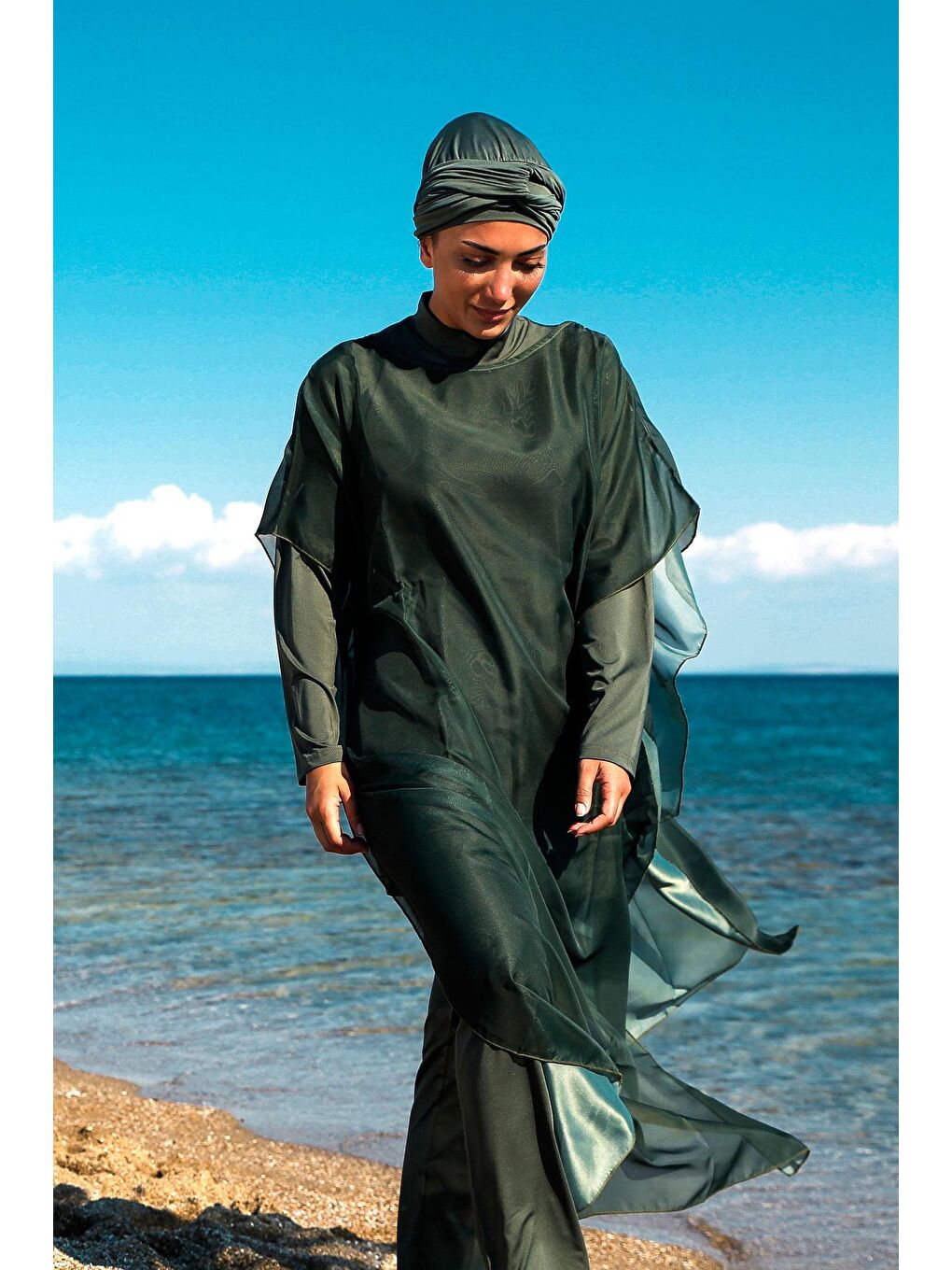 Marina Haki Tesettür Mayo Üzerine Kaftan Kimono Pareo P2202-3