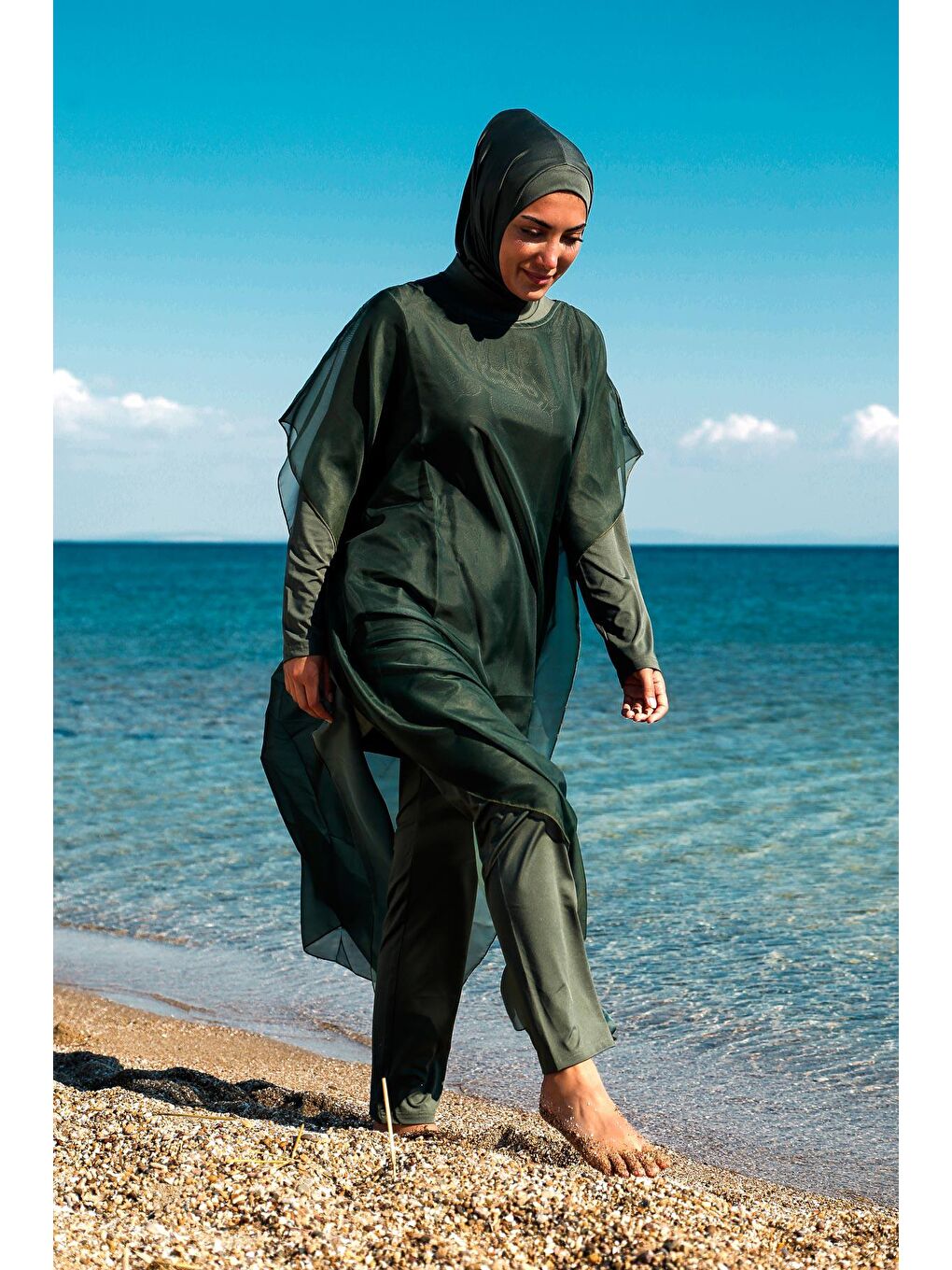 Marina Haki Tesettür Mayo Üzerine Kaftan Kimono Pareo P2202-4