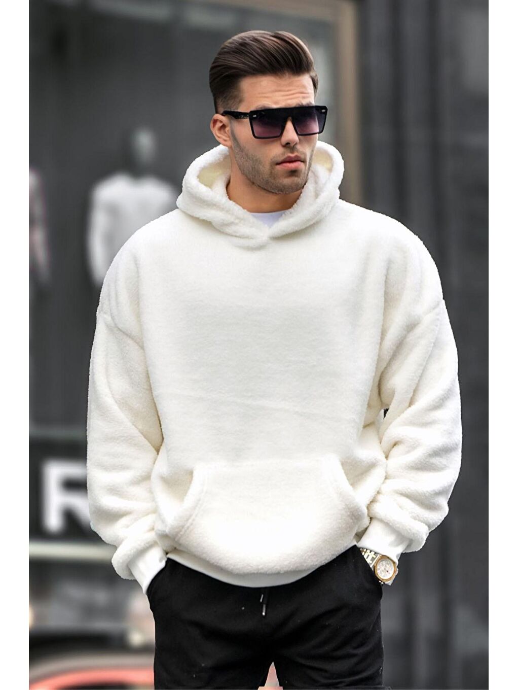 Madmext Ekru Peluş Kapüşonlu Erkek Sweatshirt 6050