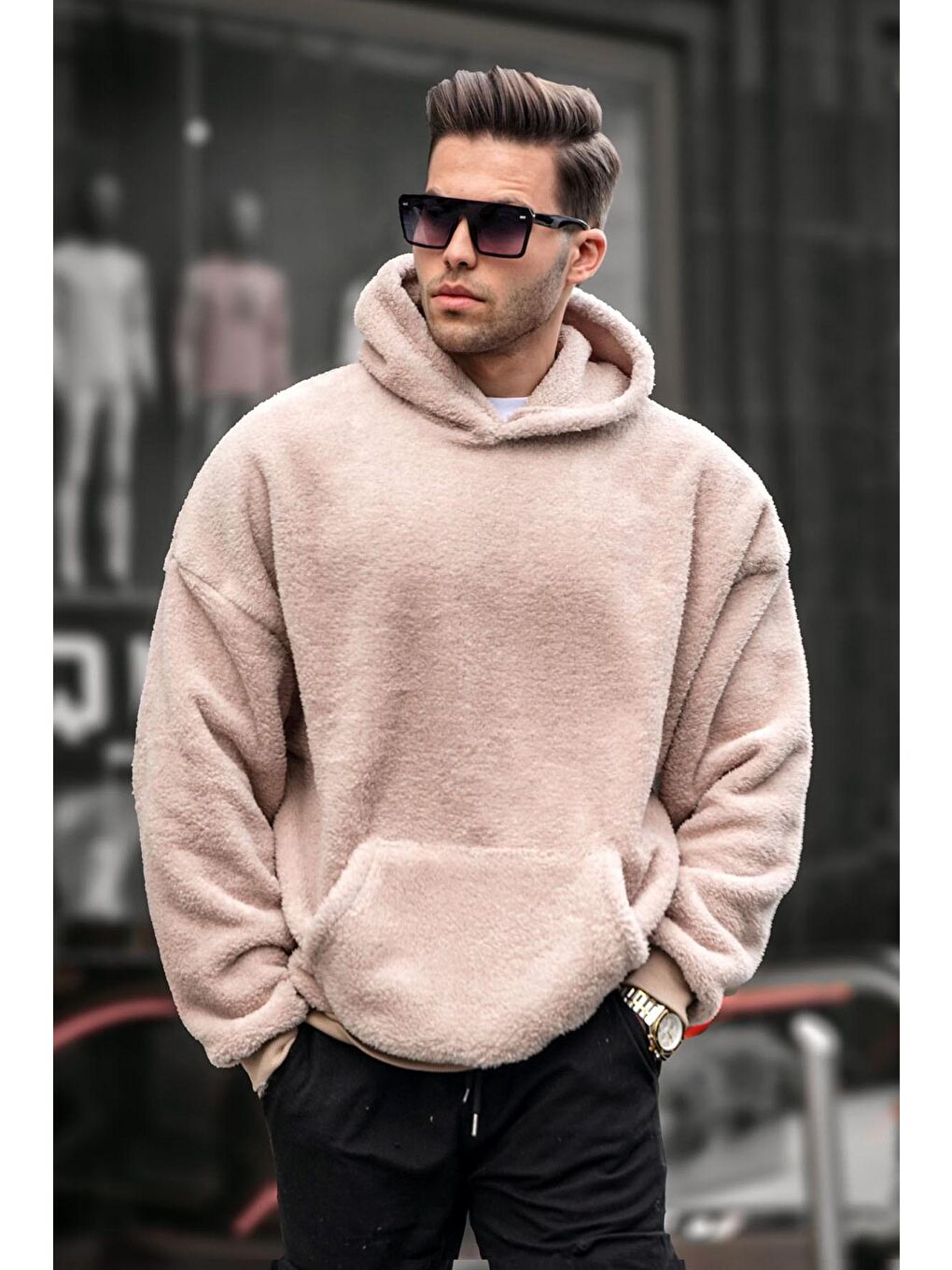 Madmext Bej Peluş Kapüşonlu Erkek Sweatshirt 6050