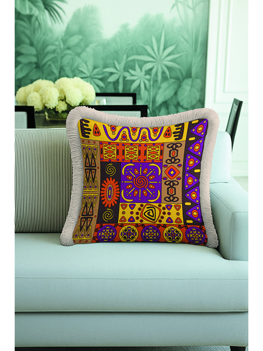 Karışık Etnik Mozaik Saçaklı Yastık Kılıfı - Renkli Bohem Sarı Mor Turuncu Püsküllü Kırlent Kılıfı-1