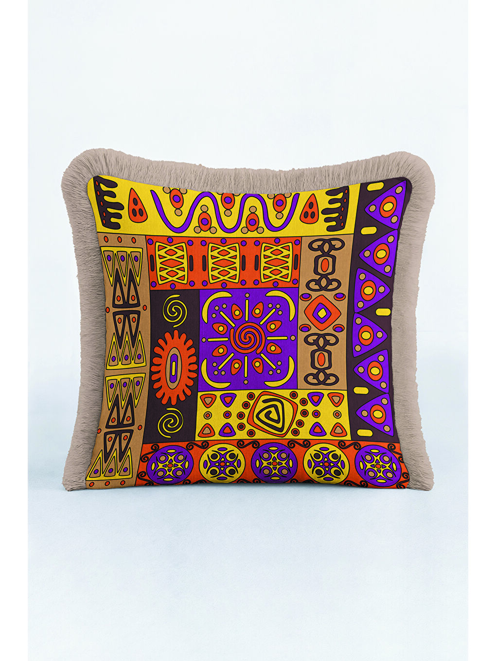 Karışık Etnik Mozaik Saçaklı Yastık Kılıfı - Renkli Bohem Sarı Mor Turuncu Püsküllü Kırlent Kılıfı-2