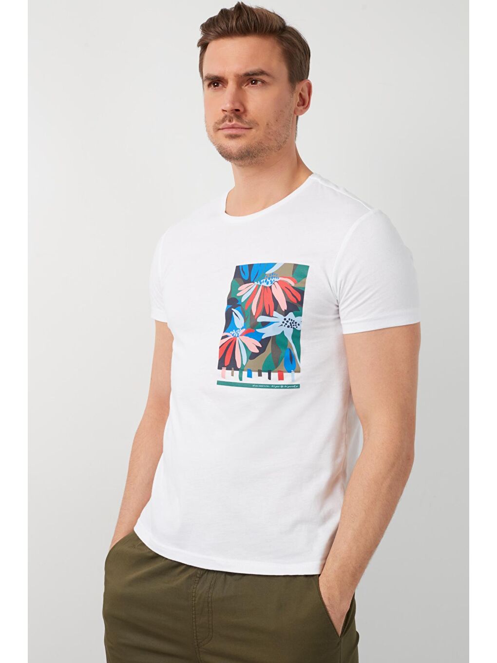 Beyaz % 100 Pamuklu Baskılı Bisiklet Yaka Tişört 5902188