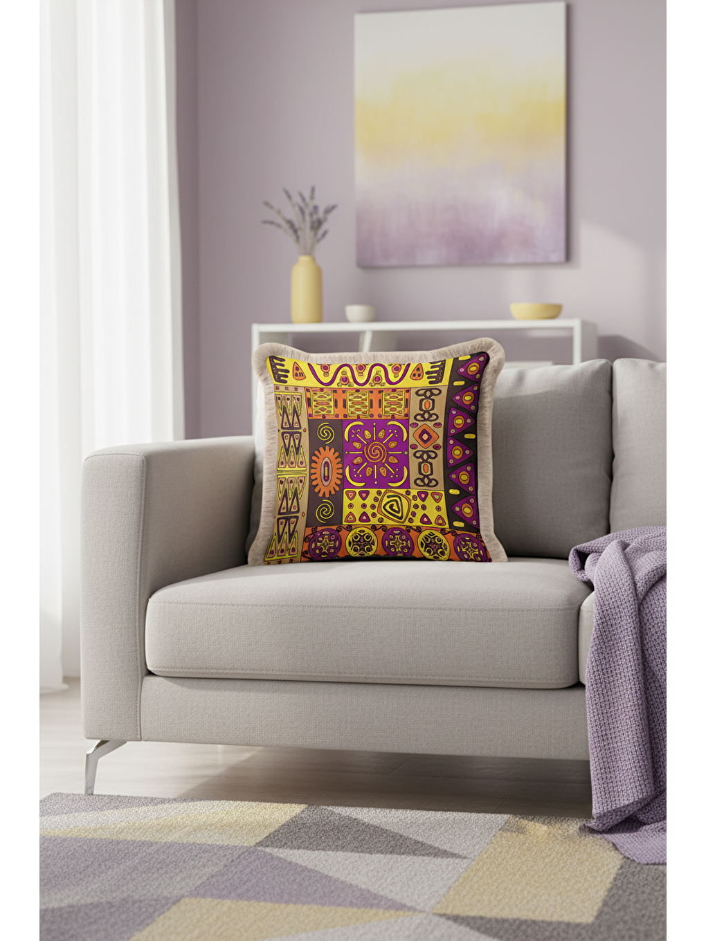 Karışık Etnik Mozaik Saçaklı Yastık Kılıfı - Renkli Bohem Sarı Mor Turuncu Püsküllü Kırlent Kılıfı-3