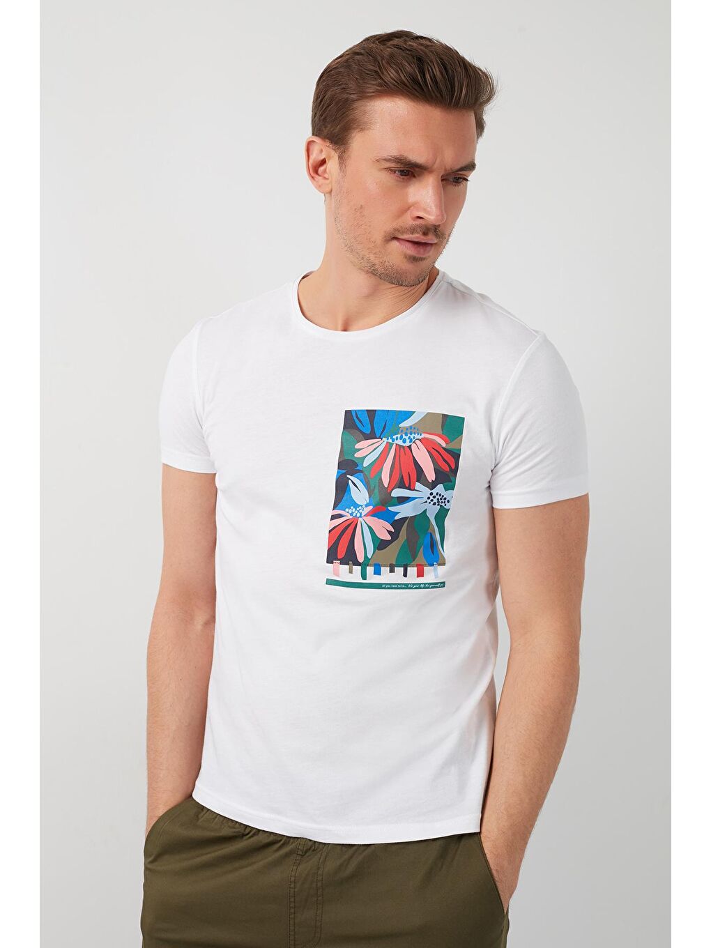 Beyaz % 100 Pamuklu Baskılı Bisiklet Yaka Tişört 5902188-1