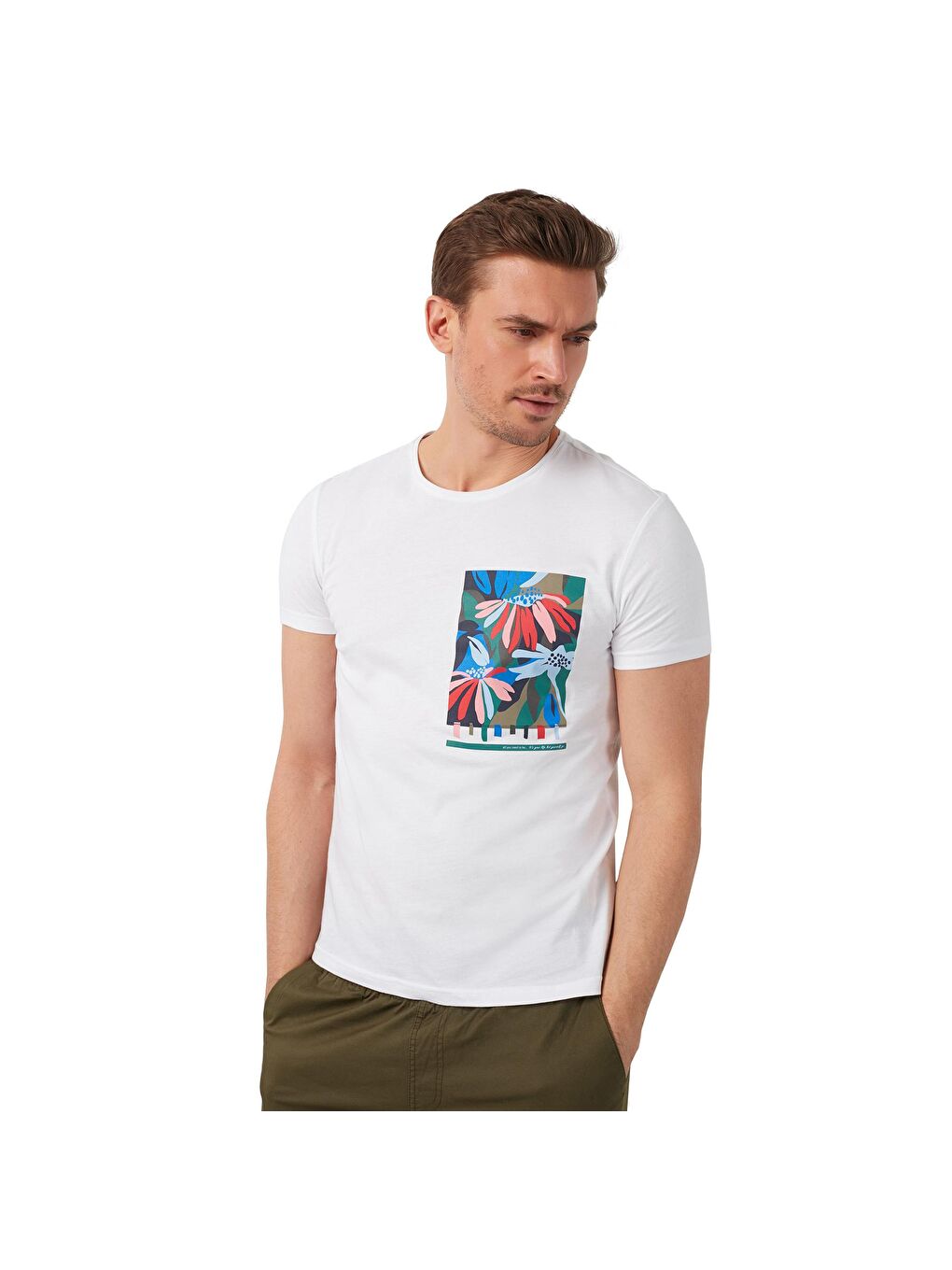 Beyaz % 100 Pamuklu Baskılı Bisiklet Yaka Tişört 5902188-4