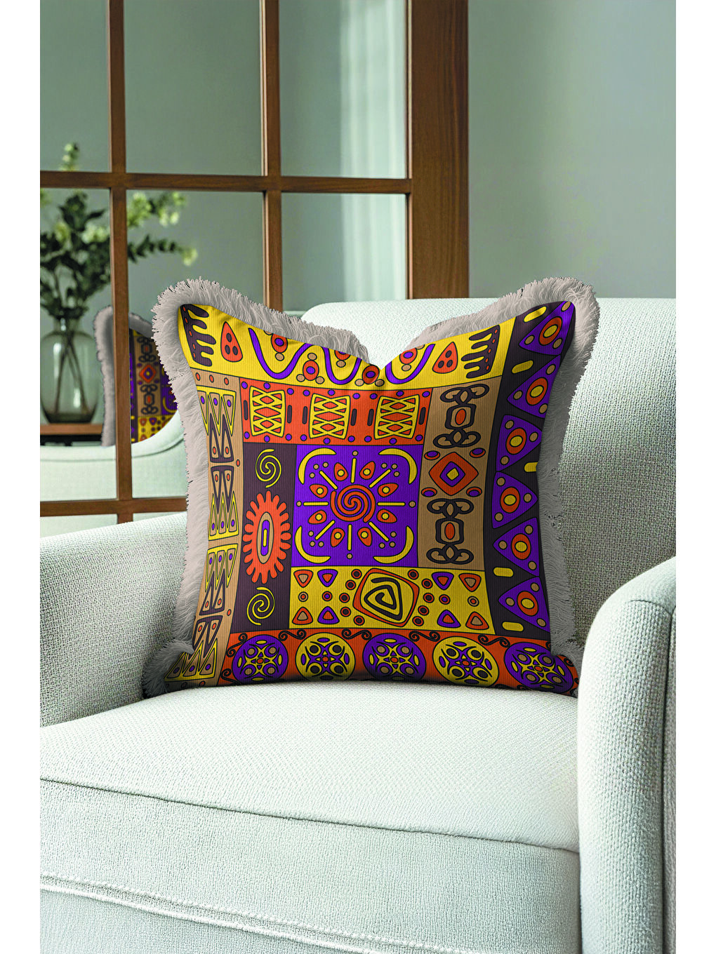 Karışık Etnik Mozaik Saçaklı Yastık Kılıfı - Renkli Bohem Sarı Mor Turuncu Püsküllü Kırlent Kılıfı-4
