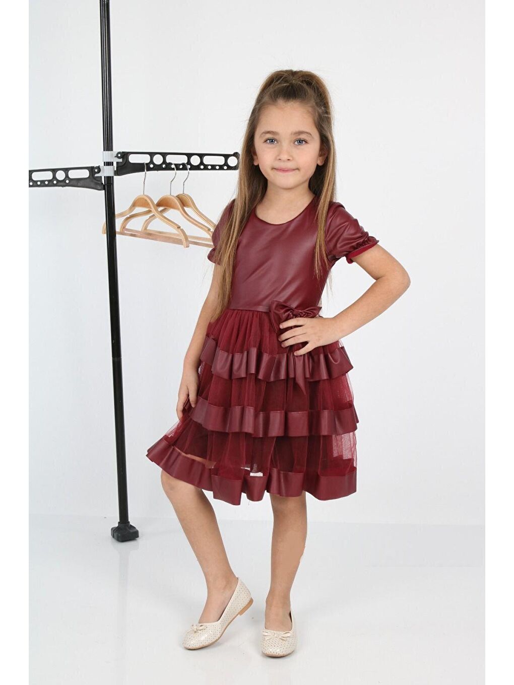 LupiaKids Shine Tüllü Leather Bordo Kız Çocuk Abiye Elbise