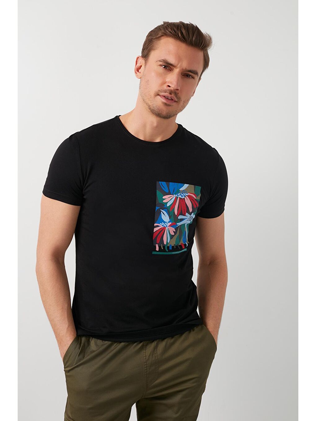 Siyah % 100 Pamuklu Baskılı Bisiklet Yaka T Shirt 5902188