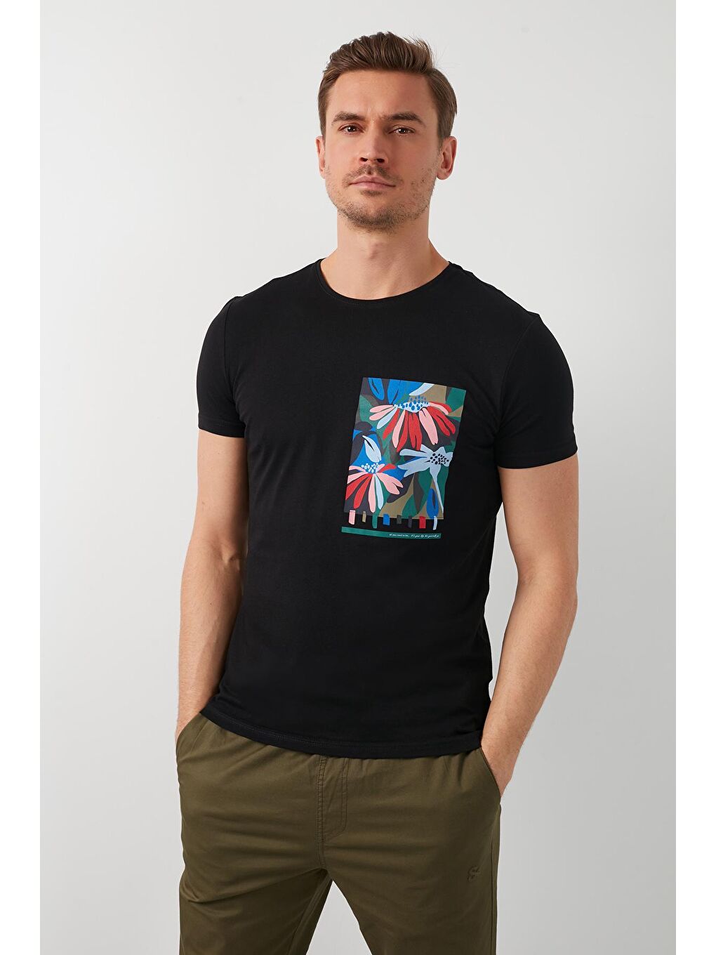 Siyah % 100 Pamuklu Baskılı Bisiklet Yaka T Shirt 5902188-1