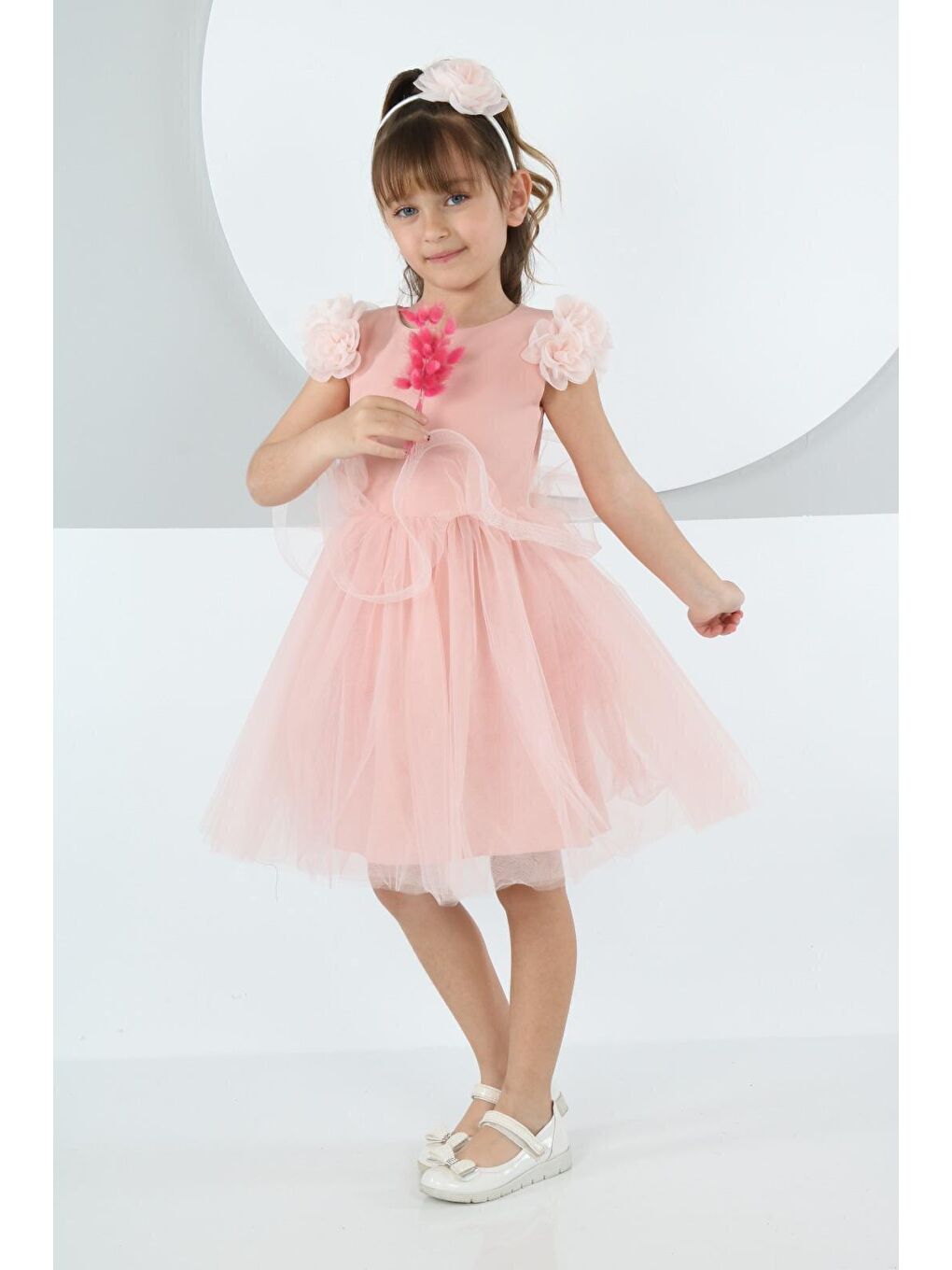 Pembe Gül Detaylı Pudra Kız Çocuk Abiye Elbise-1