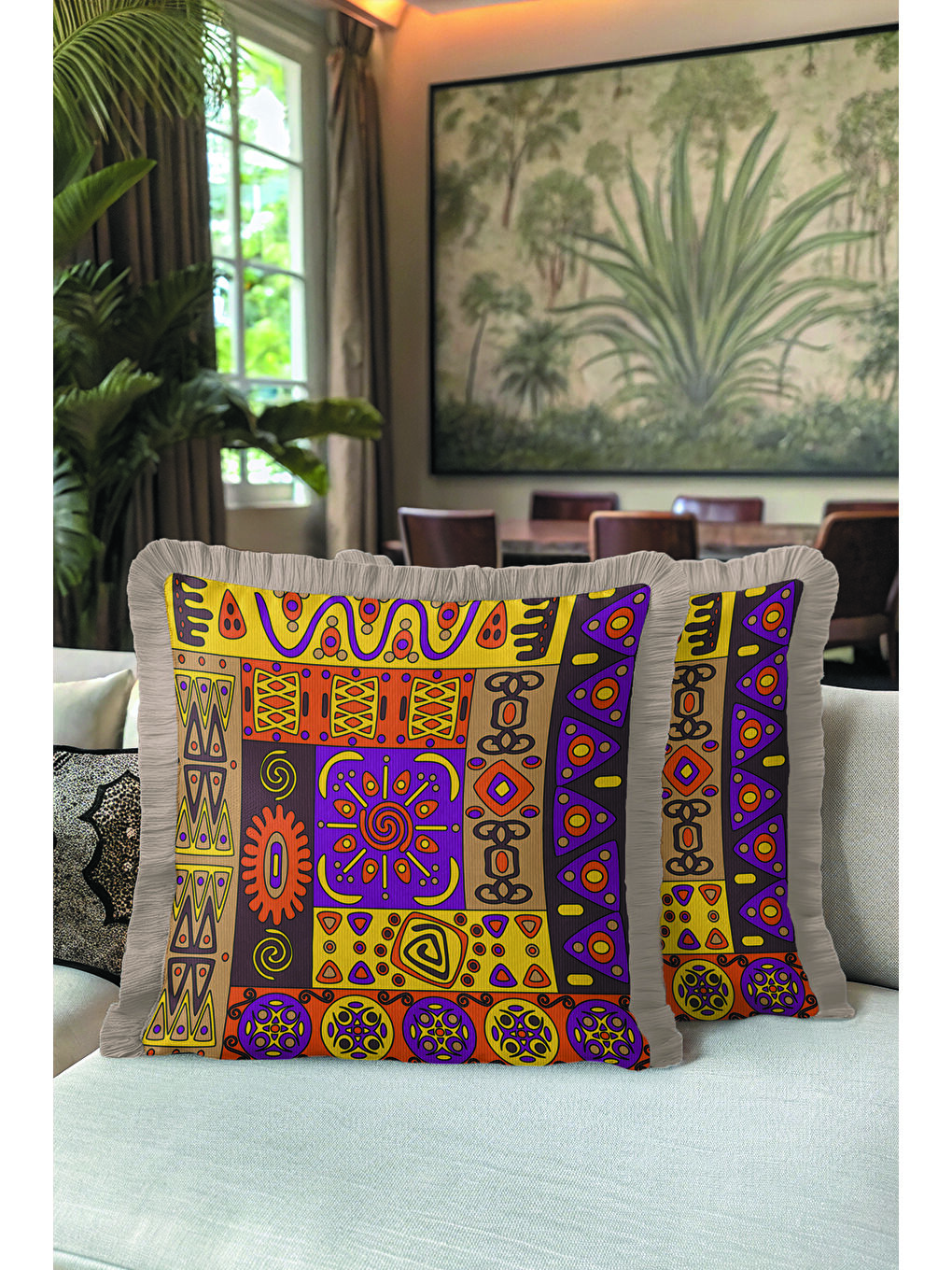 Karışık Etnik Mozaik Saçaklı Yastık Kılıfı - Renkli Bohem Sarı Mor Turuncu Püsküllü Kırlent Kılıfı-5