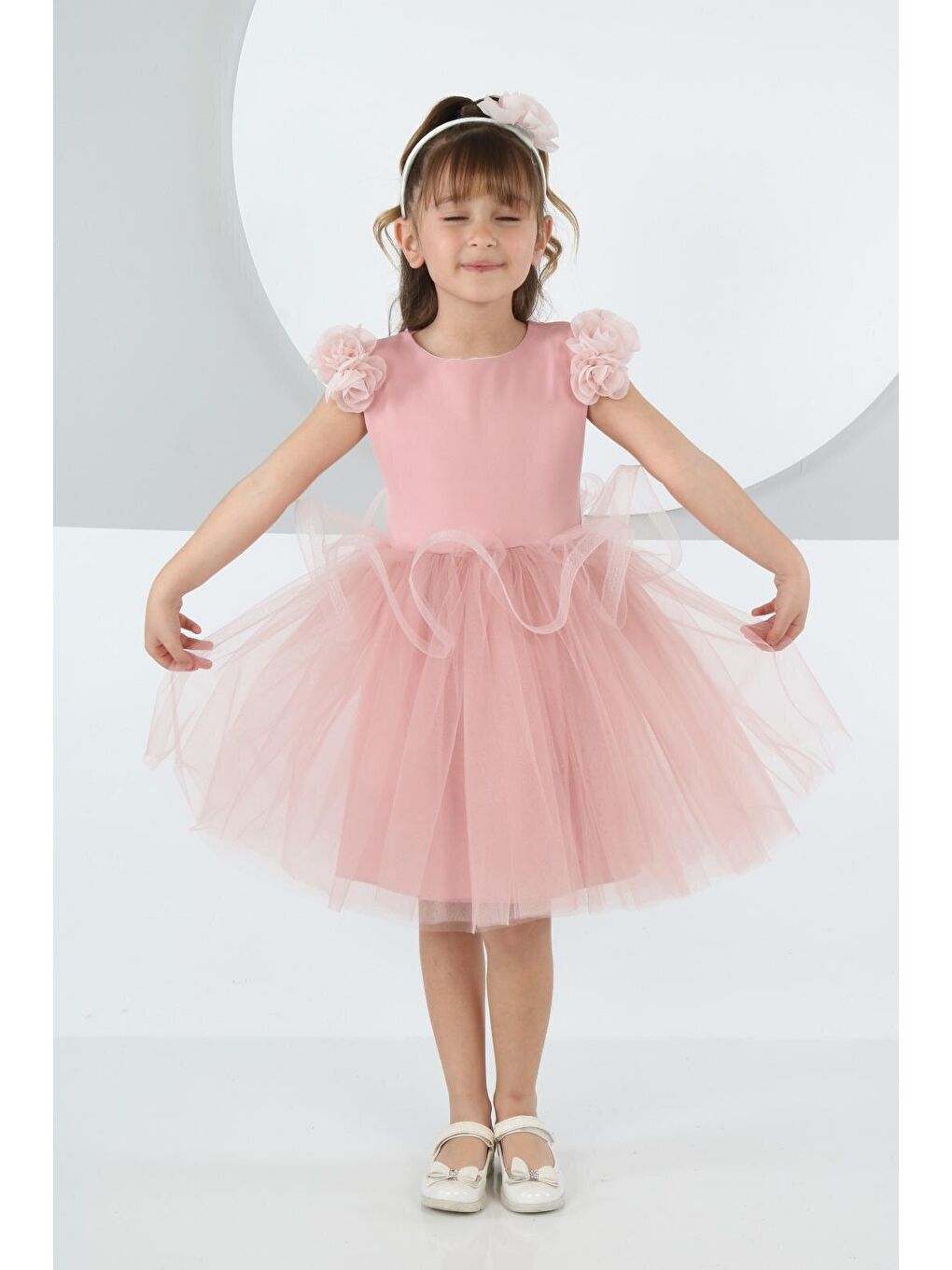 Pembe Gül Detaylı Pudra Kız Çocuk Abiye Elbise-2