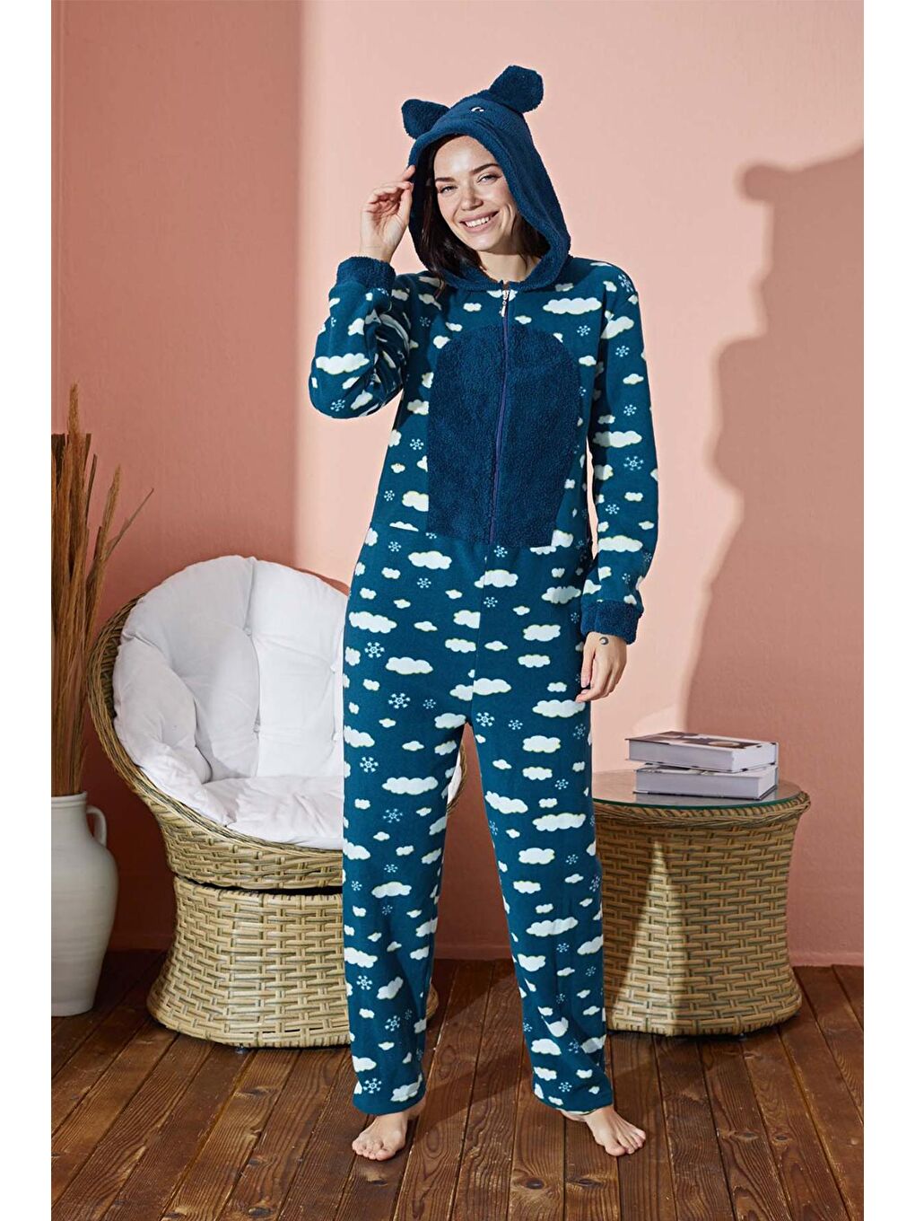 Petrol Kadın Polar Boydan Fermuarlı Tulum Peluş Kapüşonlu Pijama  8500
