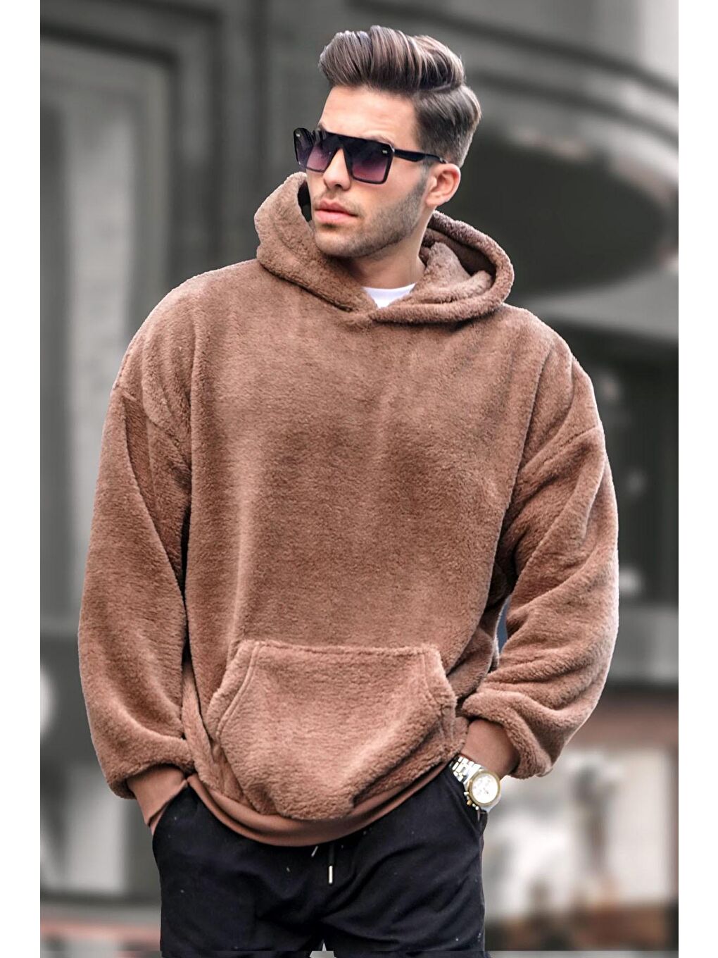 Madmext Kahverengi Peluş Kapüşonlu Erkek Sweatshirt 6050