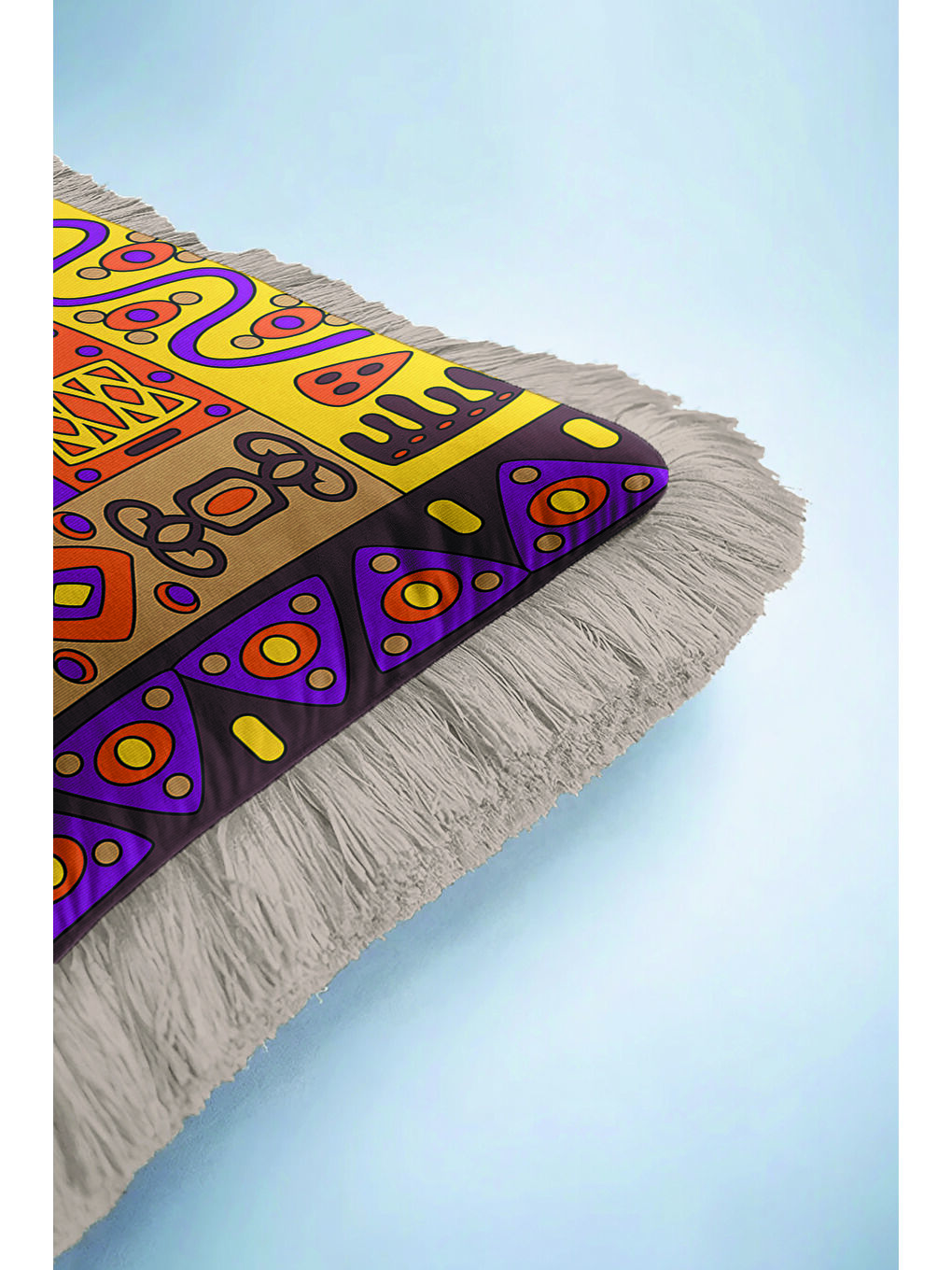 Karışık Etnik Mozaik Saçaklı Yastık Kılıfı - Renkli Bohem Sarı Mor Turuncu Püsküllü Kırlent Kılıfı-6