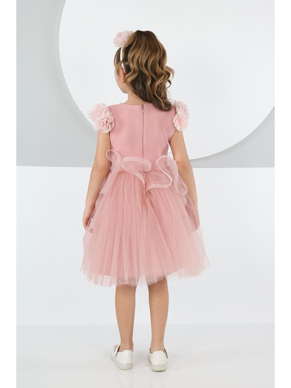 Pembe Gül Detaylı Pudra Kız Çocuk Abiye Elbise-3