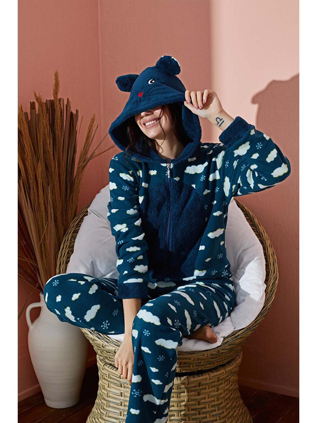 Petrol Kadın Polar Boydan Fermuarlı Tulum Peluş Kapüşonlu Pijama  8500-1