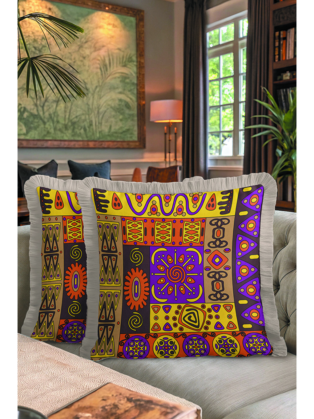 Karışık Etnik Mozaik Saçaklı Yastık Kılıfı - Renkli Bohem Sarı Mor Turuncu Püsküllü Kırlent Kılıfı-7