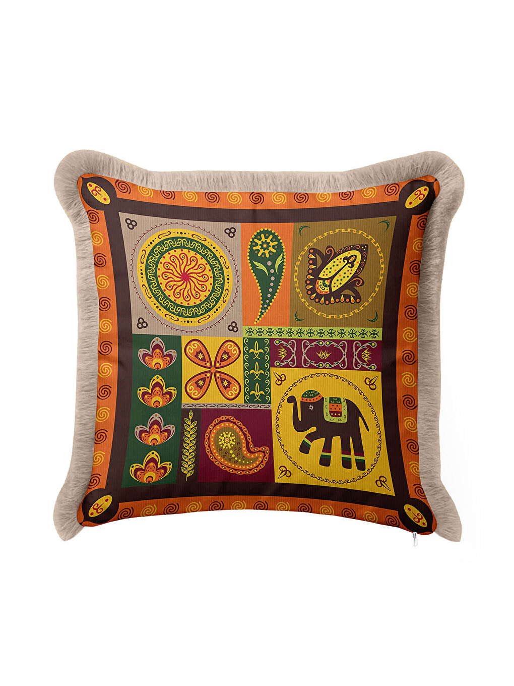 Karışık Bohem Etnik Motifli Saçaklı Yastık Kılıfı - Hint Esintili Altın Renkli Püsküllü Kırlent Kılıfı-1
