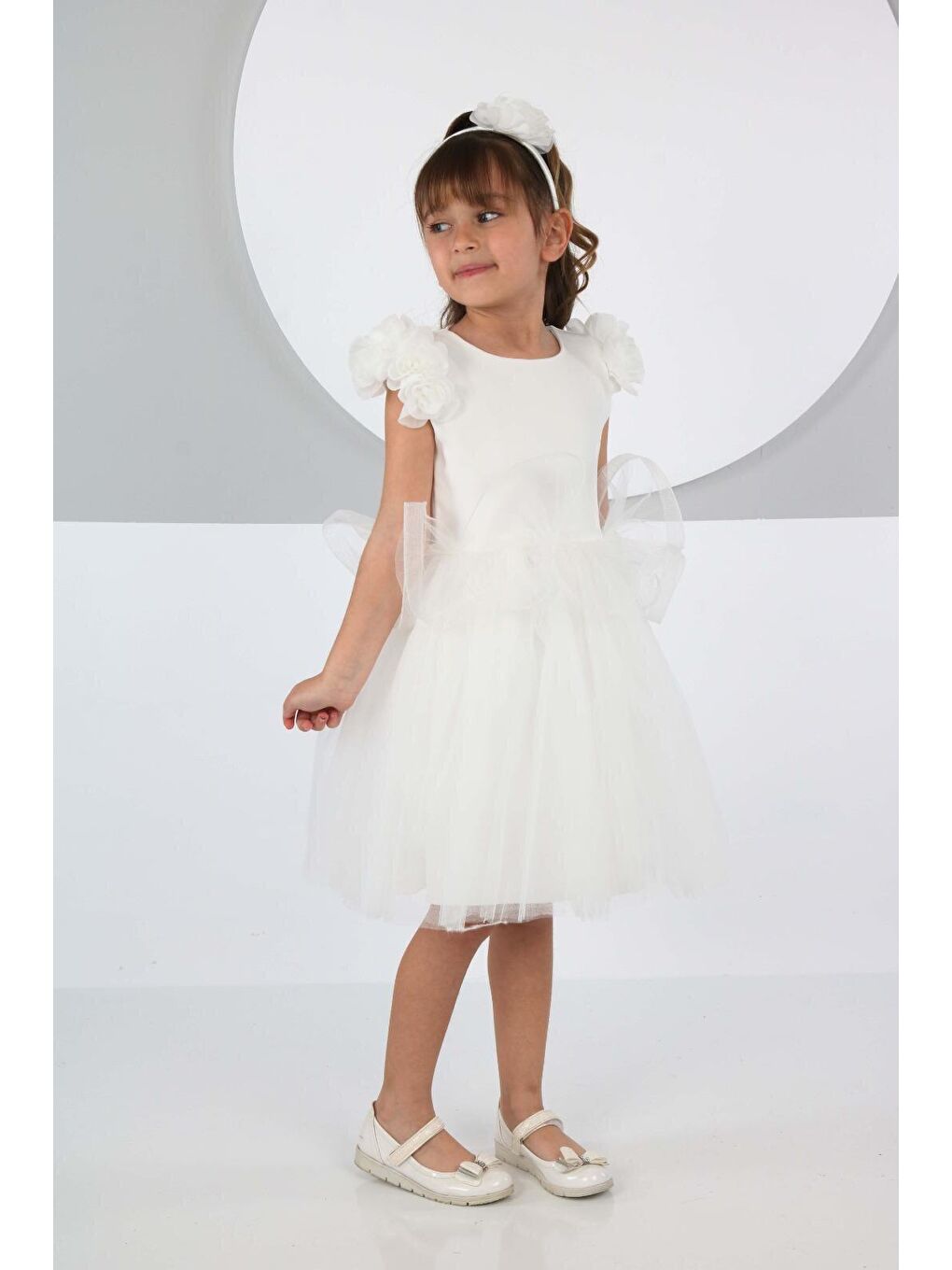 Gül Detaylı Beyaz Kız Çocuk Abiye Elbise-2
