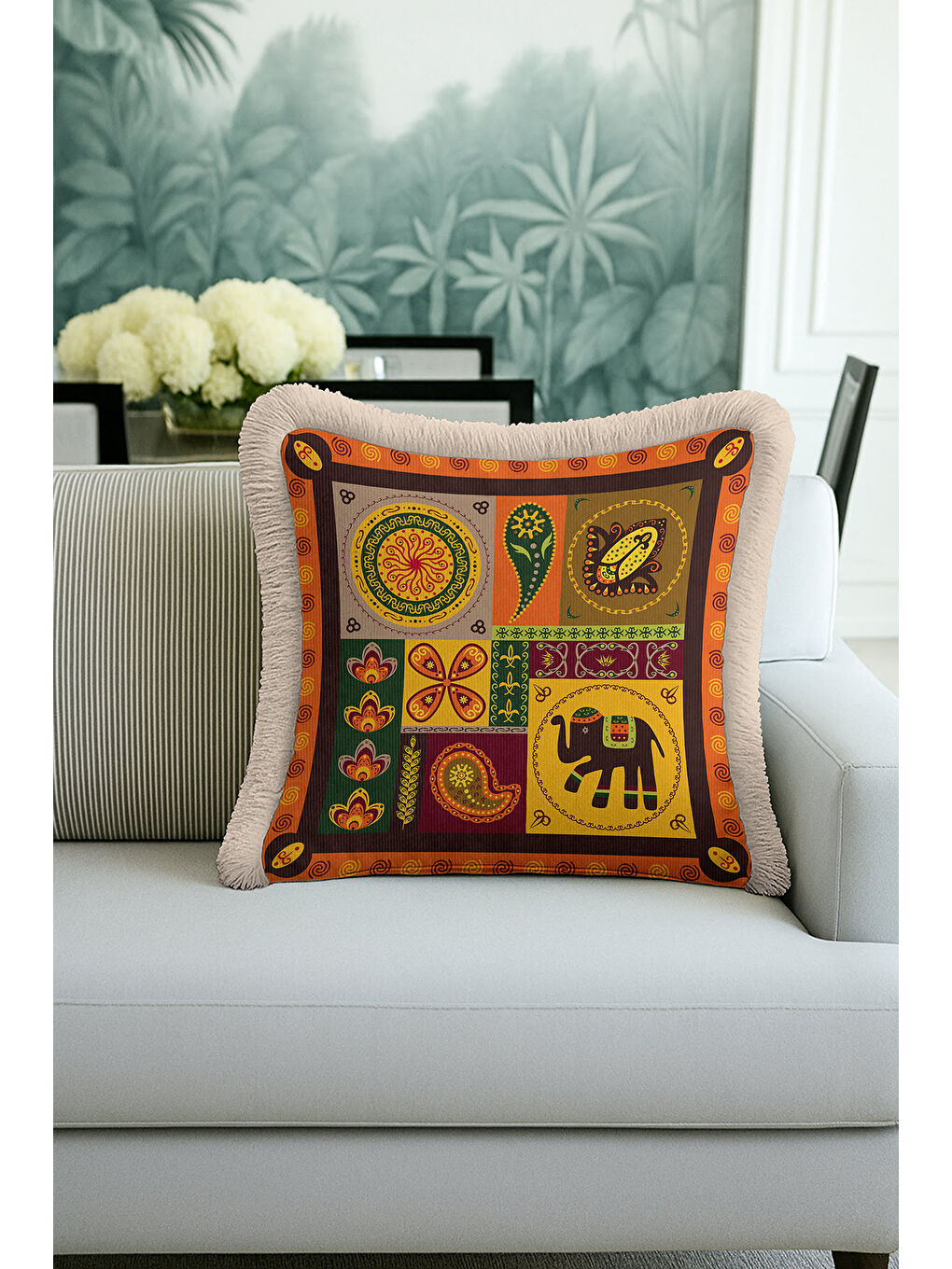 Karışık Bohem Etnik Motifli Saçaklı Yastık Kılıfı - Hint Esintili Altın Renkli Püsküllü Kırlent Kılıfı-2