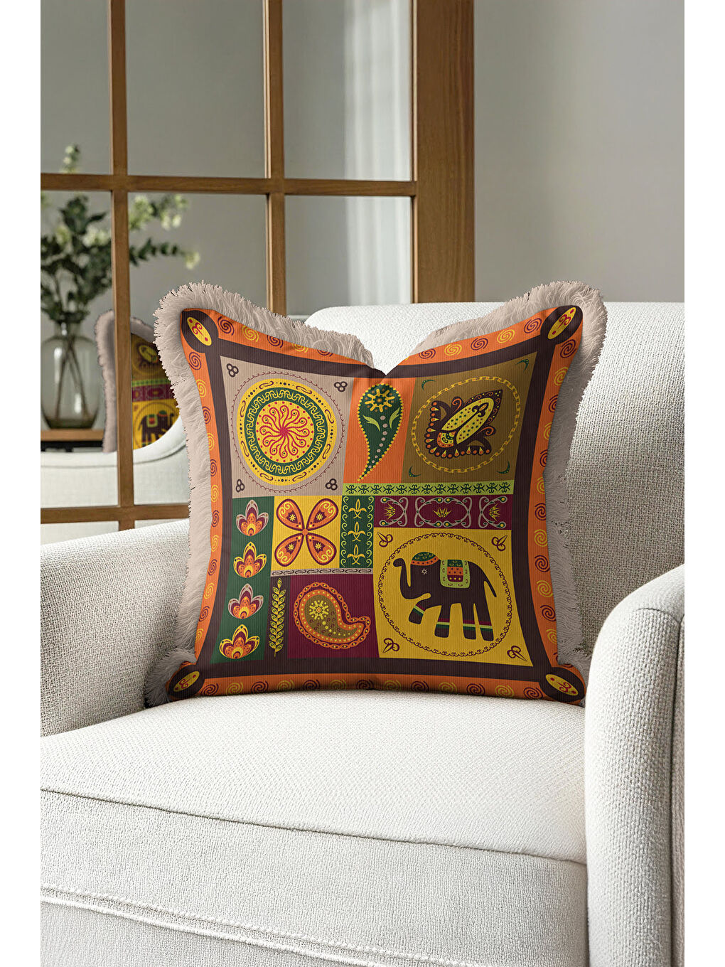 Karışık Bohem Etnik Motifli Saçaklı Yastık Kılıfı - Hint Esintili Altın Renkli Püsküllü Kırlent Kılıfı-4