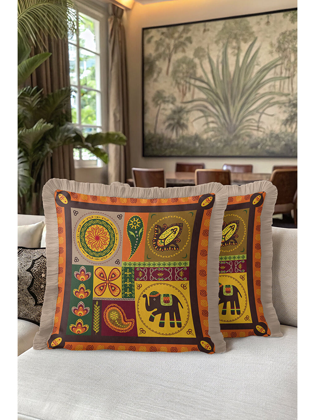 Karışık Bohem Etnik Motifli Saçaklı Yastık Kılıfı - Hint Esintili Altın Renkli Püsküllü Kırlent Kılıfı-5