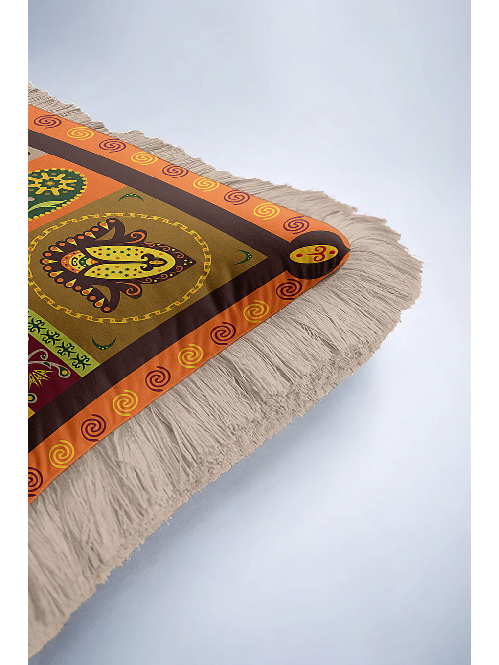 Karışık Bohem Etnik Motifli Saçaklı Yastık Kılıfı - Hint Esintili Altın Renkli Püsküllü Kırlent Kılıfı-6