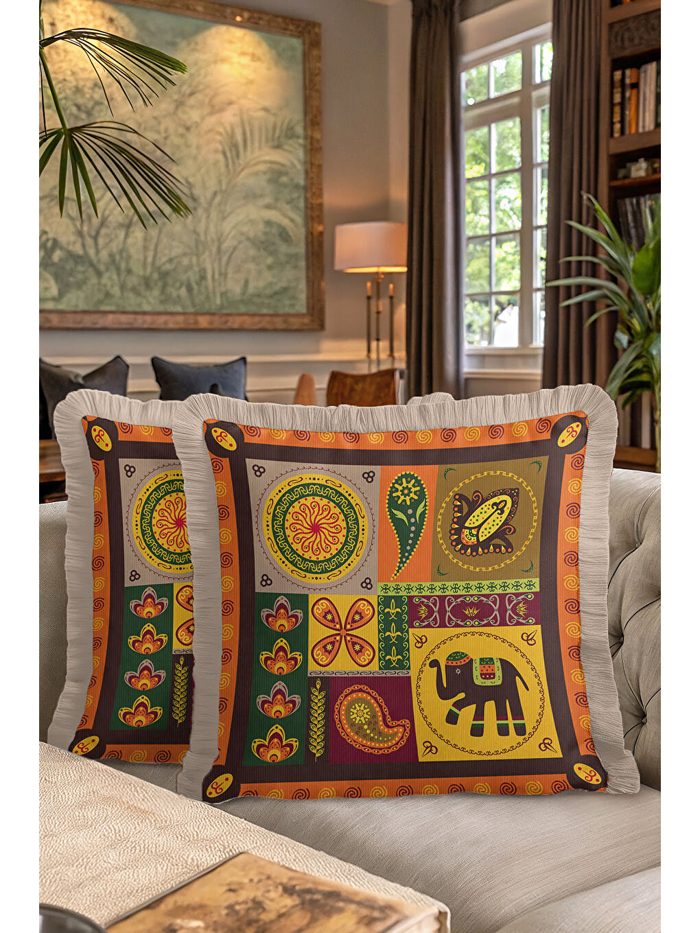 Karışık Bohem Etnik Motifli Saçaklı Yastık Kılıfı - Hint Esintili Altın Renkli Püsküllü Kırlent Kılıfı-7