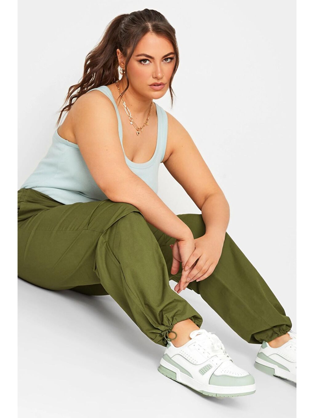 Haki Büyük Beden Paçası Lastikli Cep Detaylı Kargo Pantolon 302040-1