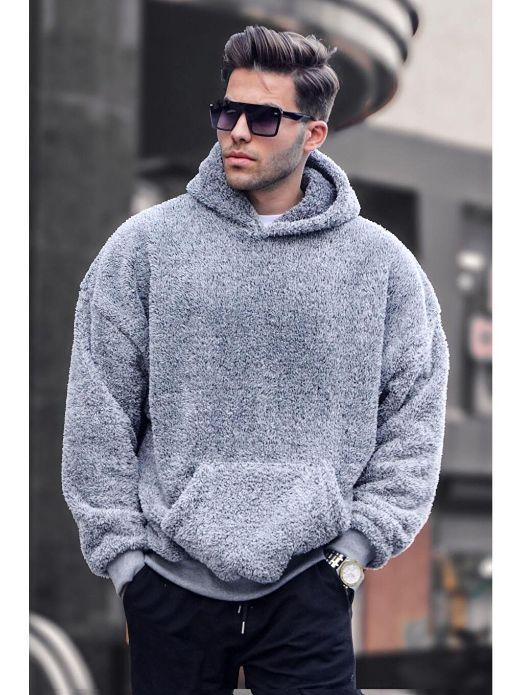 Madmext Gri Peluş Kapüşonlu Erkek Sweatshirt 6050