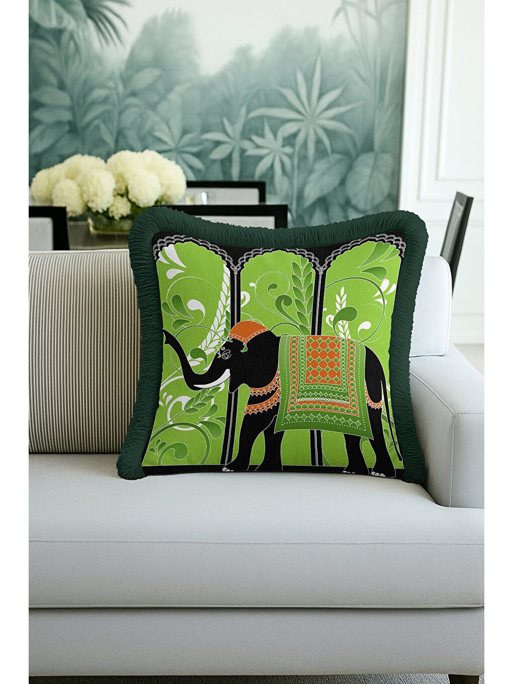 Karışık Hint Zarif Saçaklı Yastık Kılıfı - Fil Figürlü Bohem Yeşil Turuncu Püsküllü Kırlent Kılıfı-1